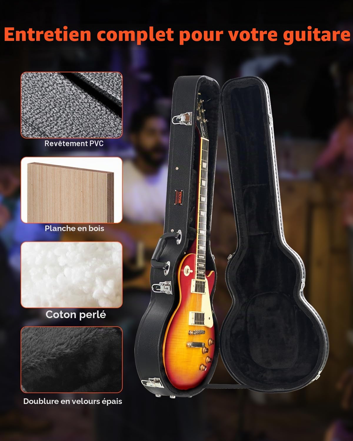 VEVOR Étui Guitare Électrique Rigide en Forme Gourde 1050 mm avec Verrouillage à Clés, Poignée, Rembourrage PVC, Doublure Souple, Résistants à l'eau, pour Guitares Électriques de 39 po 99 cm, Noir