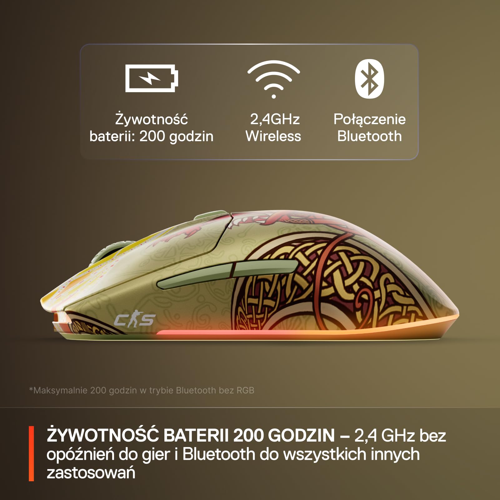SteelSeries CS2 Dragon Lore – Bezprzewodowa mysz do gier – Counter-Strike – 2,4 GHz i Bluetooth – Czujnik optyczny 18 tys. DPI TrueMove Air – Bateria do 200 godz. — Wytrzymałość 80 mln kliknięć