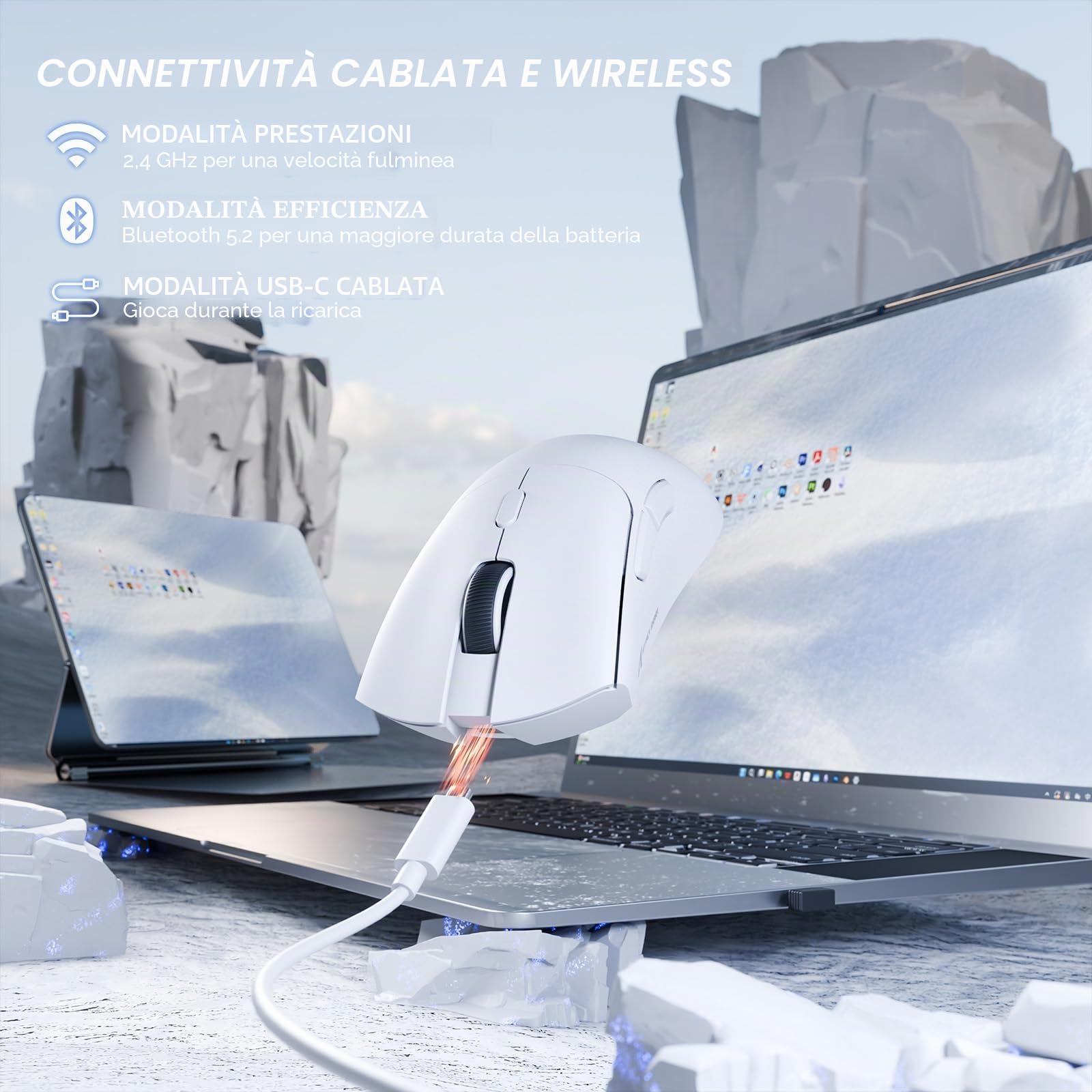 MAMBASNAKE ATTACK SHARK X68 HE Tastiera a Grilletto Rapido, Mouse R1 e Cavo a Spirale da 8 KHz, Tastiera Magnetica da 8KHz con Precisione RT di 0,01mm, Mouse da Gioco Wireless R1, per PC/Mac - Bianco