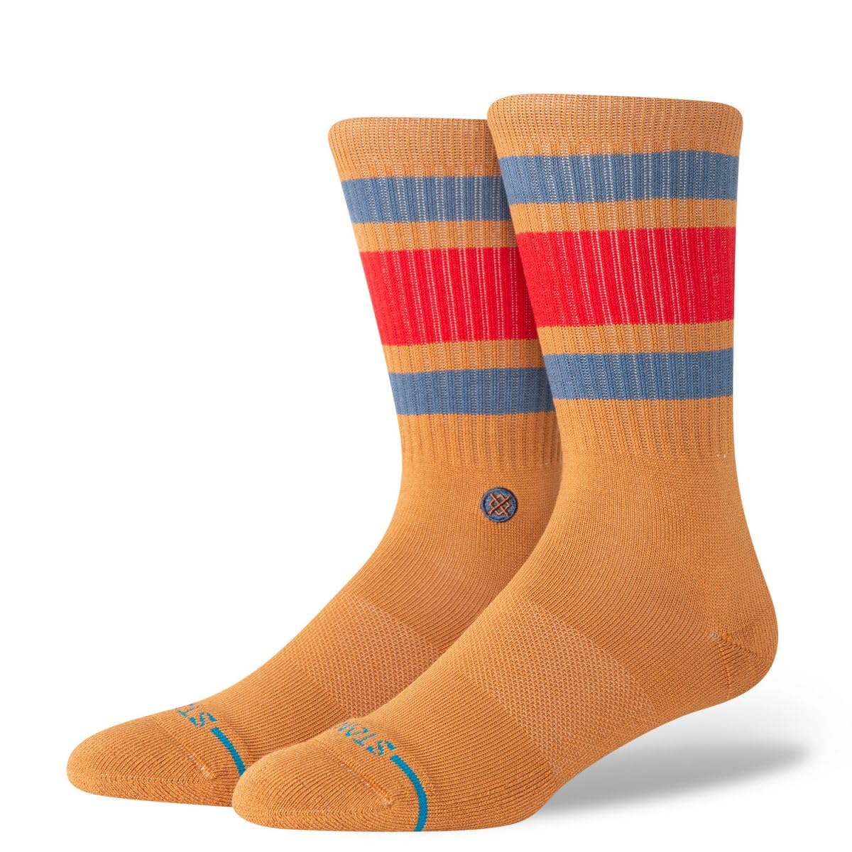Stance Boyd Crew Socks Tan Brown Striped Patterned Calf Large