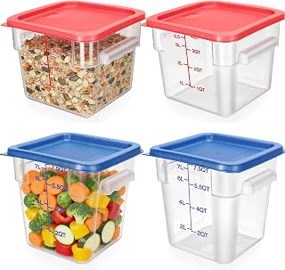 Lallisa 4 Pcs 8qt & 4qt Clear Food Storage Containers with Lids Handles and Scales, Stackable Plastic Square Food Storage Containers for Dough Proofing Baking Kitchen Restaurant(Red, Blue)