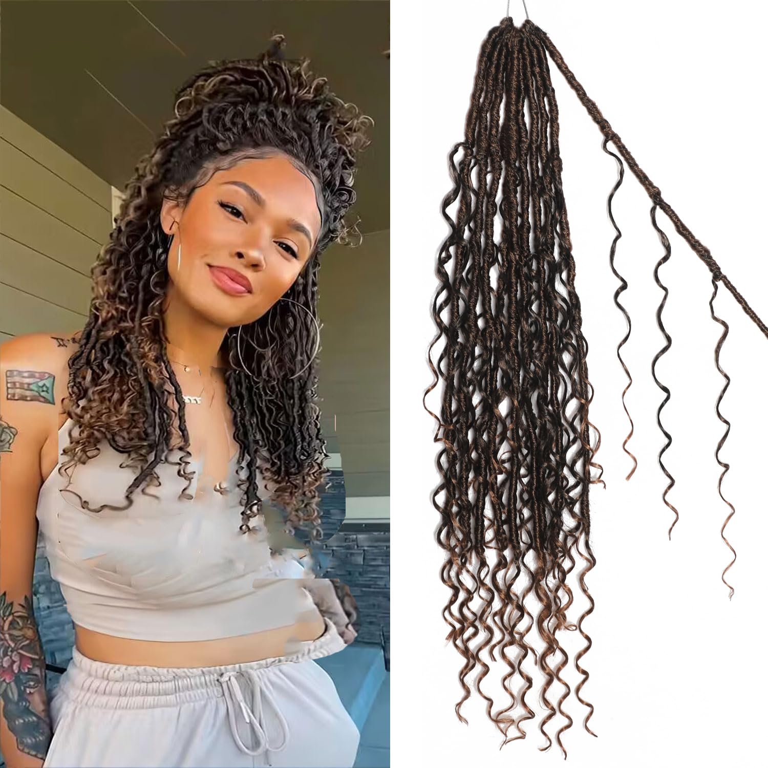 Boho Faux Locs Crochet Hair 18 Inch Goddess Locs 8 Packs Boho Soft Locs Crochet Hair with Curly Ends Pre-looped Long Bohemian River for Black Women (T30#
