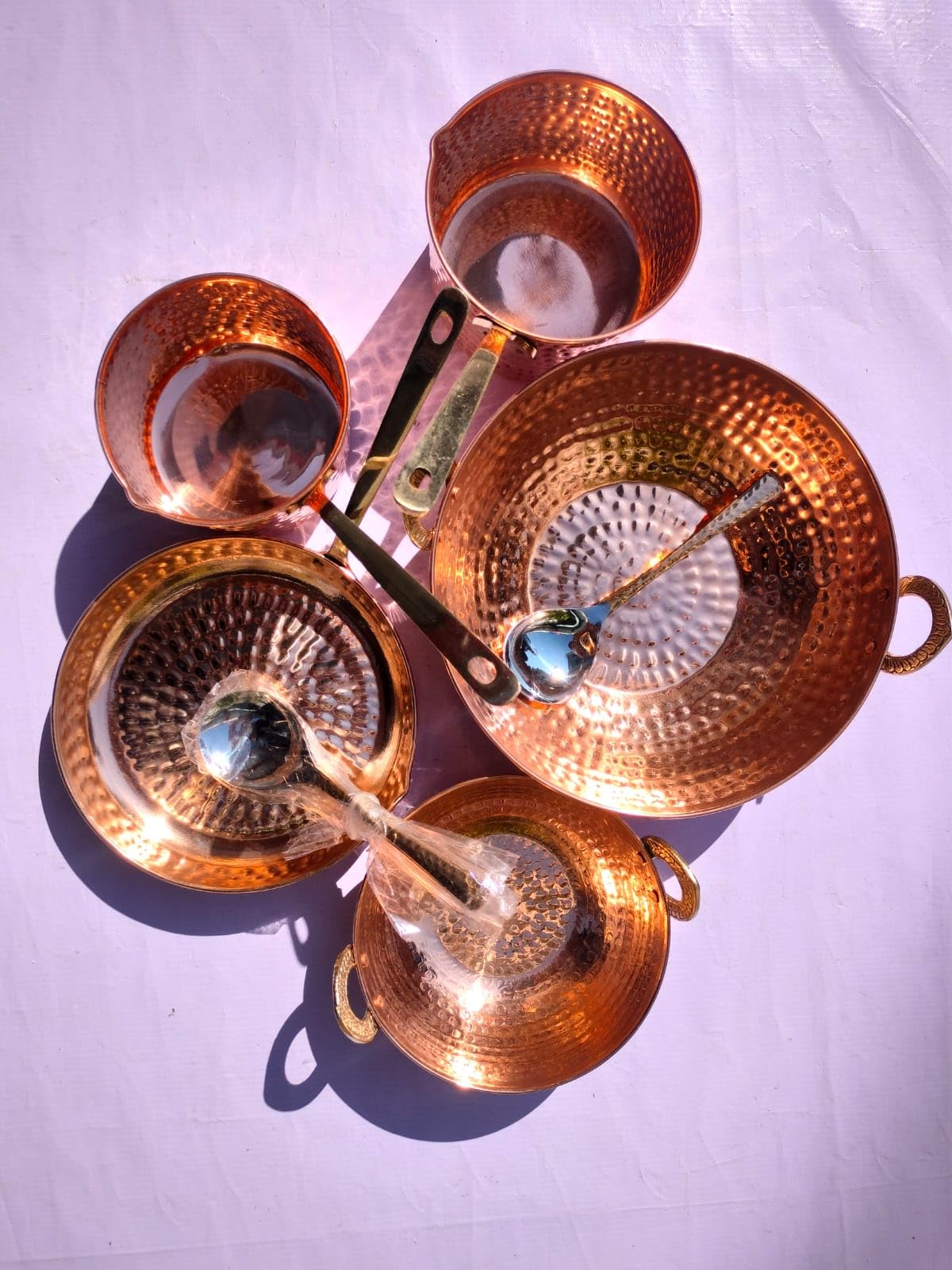 Pure Copper - Juego de utensilios de cocina de 10 piezas con cuchara para servir (juego de sartenes de cobre | Juego Kadhai | Sartén) con mango de latón para cocinar