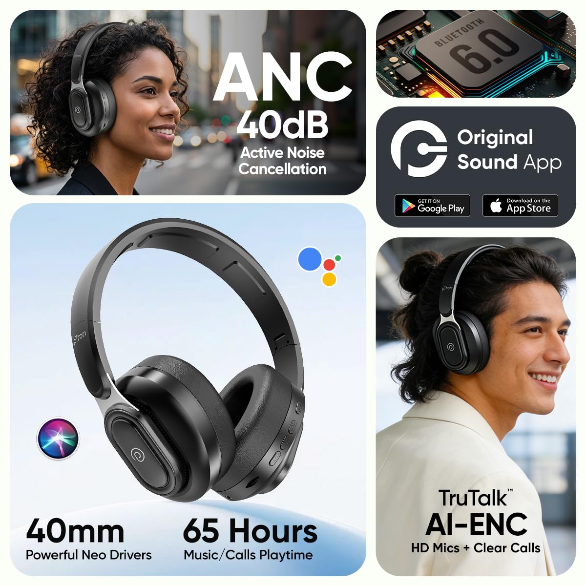 pTron Studio Urban V2, 40dB ANC Wireless Over-Ear Headphones, 65Hrs Playtime, Dual-device Pairing, 40mm Bass Drivers, TruTalk AI-ENC Calls, Custom EQ, 3.5mm Aux, Bluetooth v6.0, Type C Charging (Onyx) — Amazon image 11