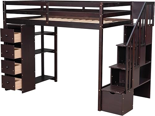Miniatura 5 de VilroCaz Cama loft multifuncional de tamaño individual con cajones de almacenamiento y escalera marco de cama loft de madera maciza con barandilla