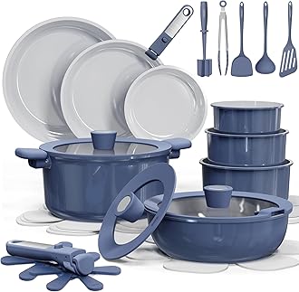 27pcs Ceramic Cookware Set Nonstick, Pots and Pans Set Non Stick, Non Toxic Cookware Detachable Handles, Dishwasher/Oven Safe, RV/Camping Cookware, Pan and Pot with Kitchen Utensils, Navy Blue
