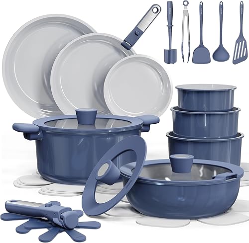 CAROTE Juego de 27 piezas de utensilios de cocina de cerámica antiadherentes, juego de ollas y sartenes antiadherentes, utensilios de cocina no Azul