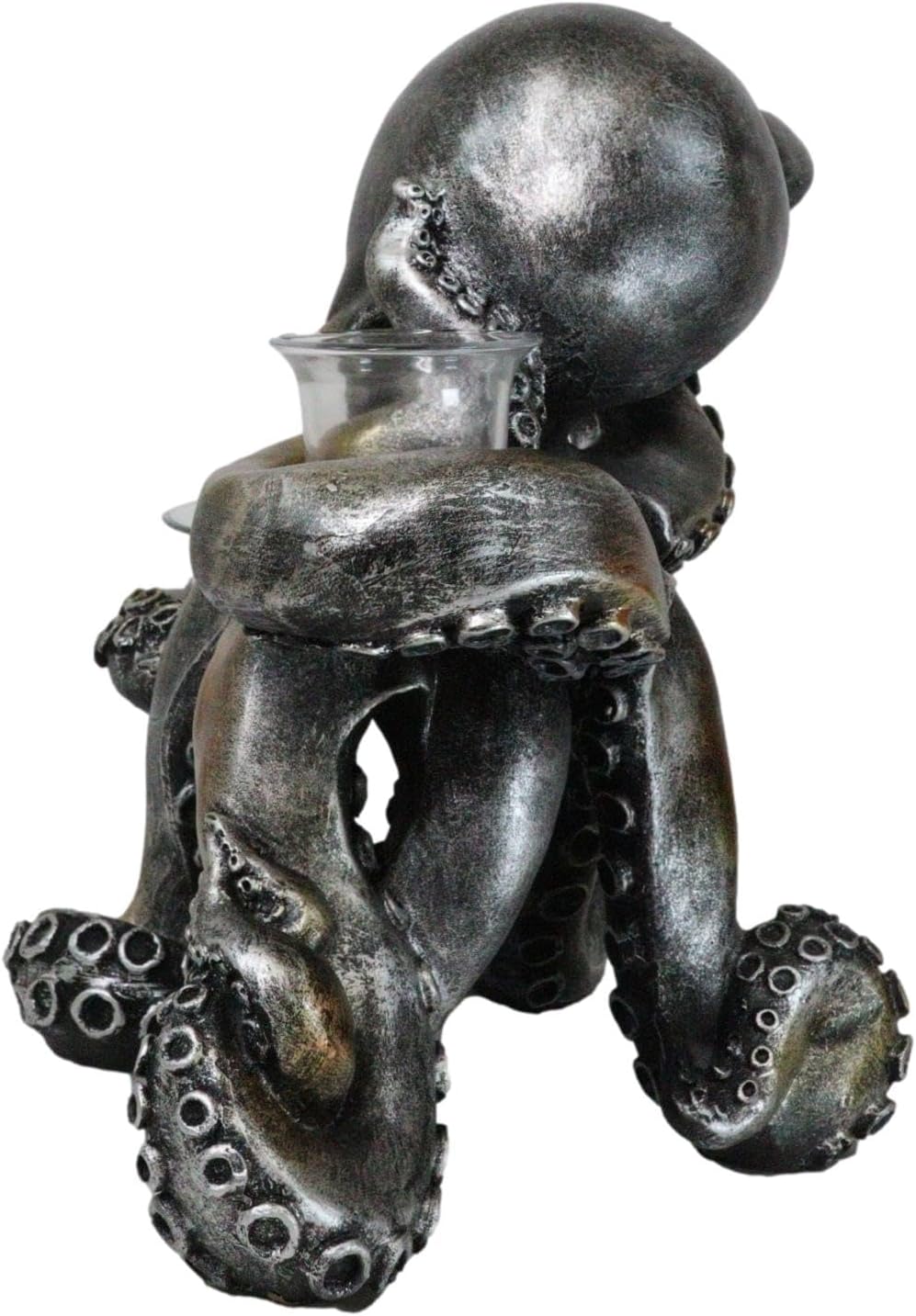 Ebros Rustic Antiqued Silver Bronze Finish Deep Ocean Octopus Candle Holder Statue 12.5" H Kraken Sea Monster Candleholder Decorative Sculpture Made of Resin