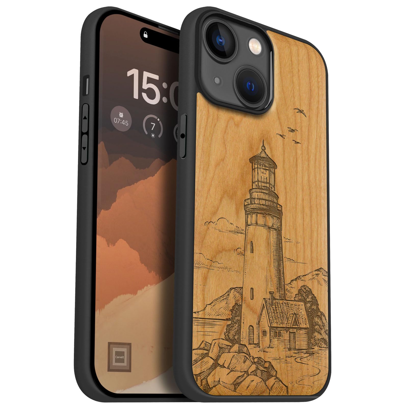 Carveit Magnetic Wooden Case for iPhone 15 Case, Compatible with MagSafe Wireless Chargers, Black Soft TPU Shockproof Cover & Wood Artisan Engraved (