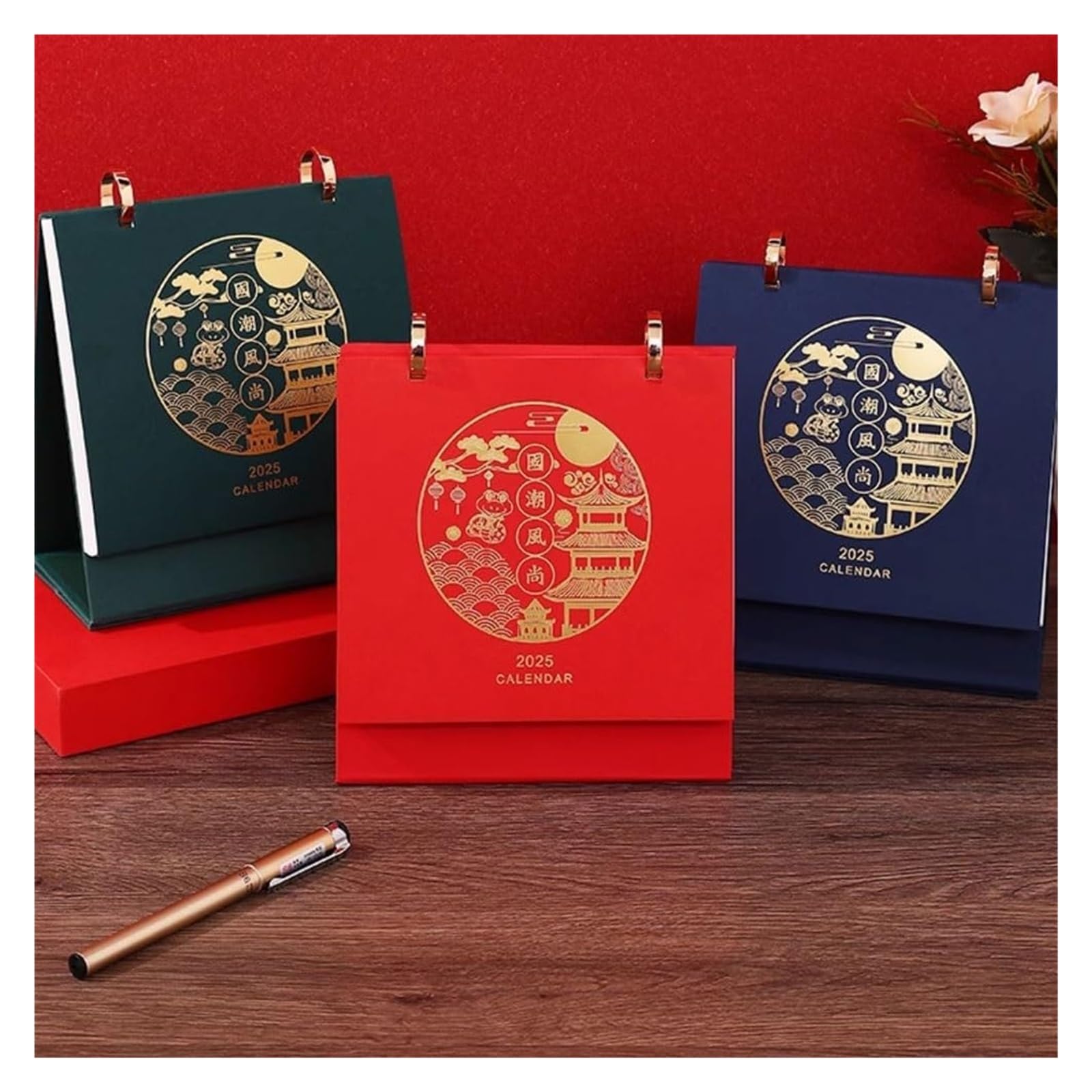 Tischkalender, Tischkalender 2025, Jahr der Schlange, Wochenkalender, einfacher Monatskalender, chinesischer Stil, Schreibtischkalender, Büro-Desktop(Red)