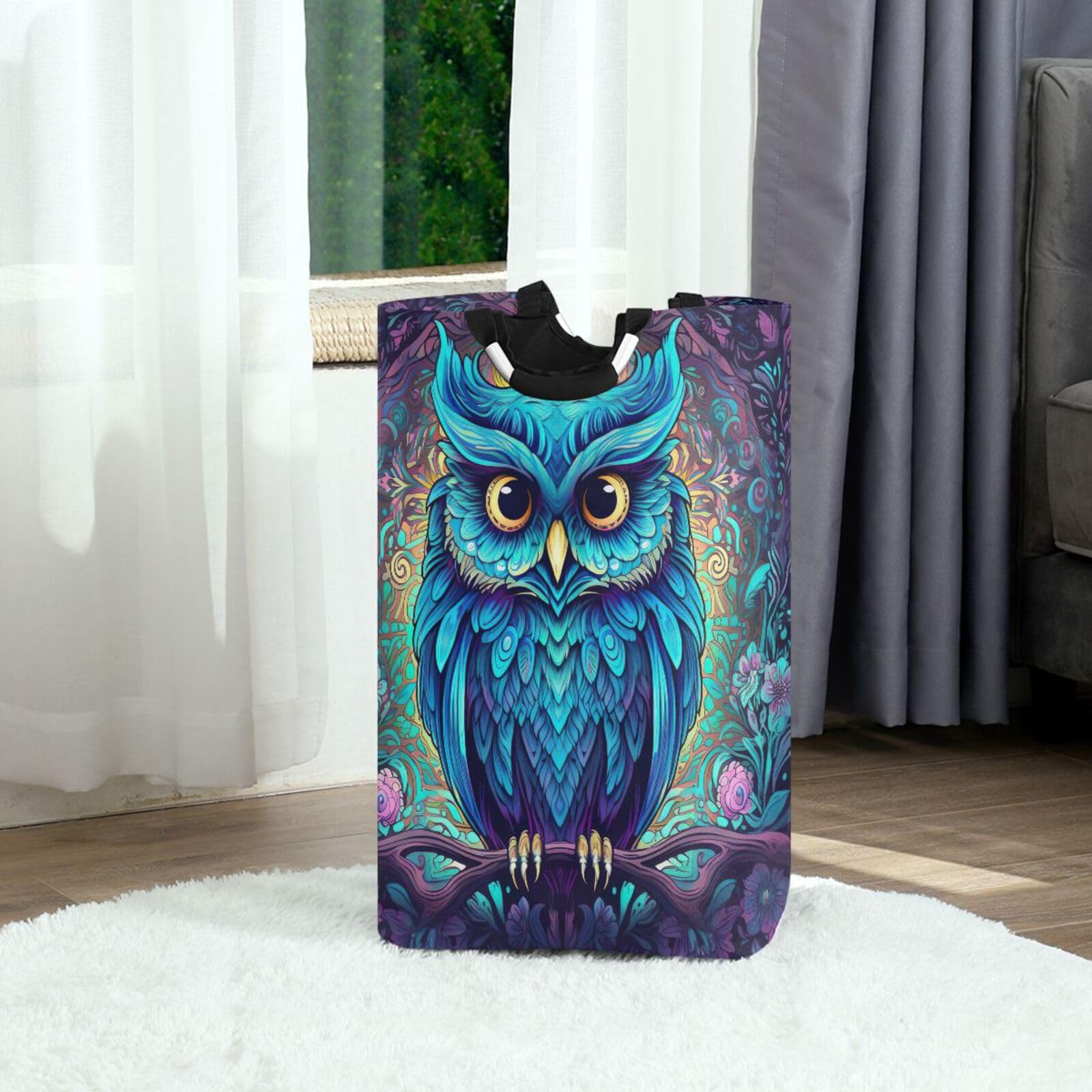 Jihqo Laundry Hamper Basket Forest Owl Collapsible Nursery Storage Bin Waterproof Clothing Baskets for Home Bedroom Bathroom Washing Room