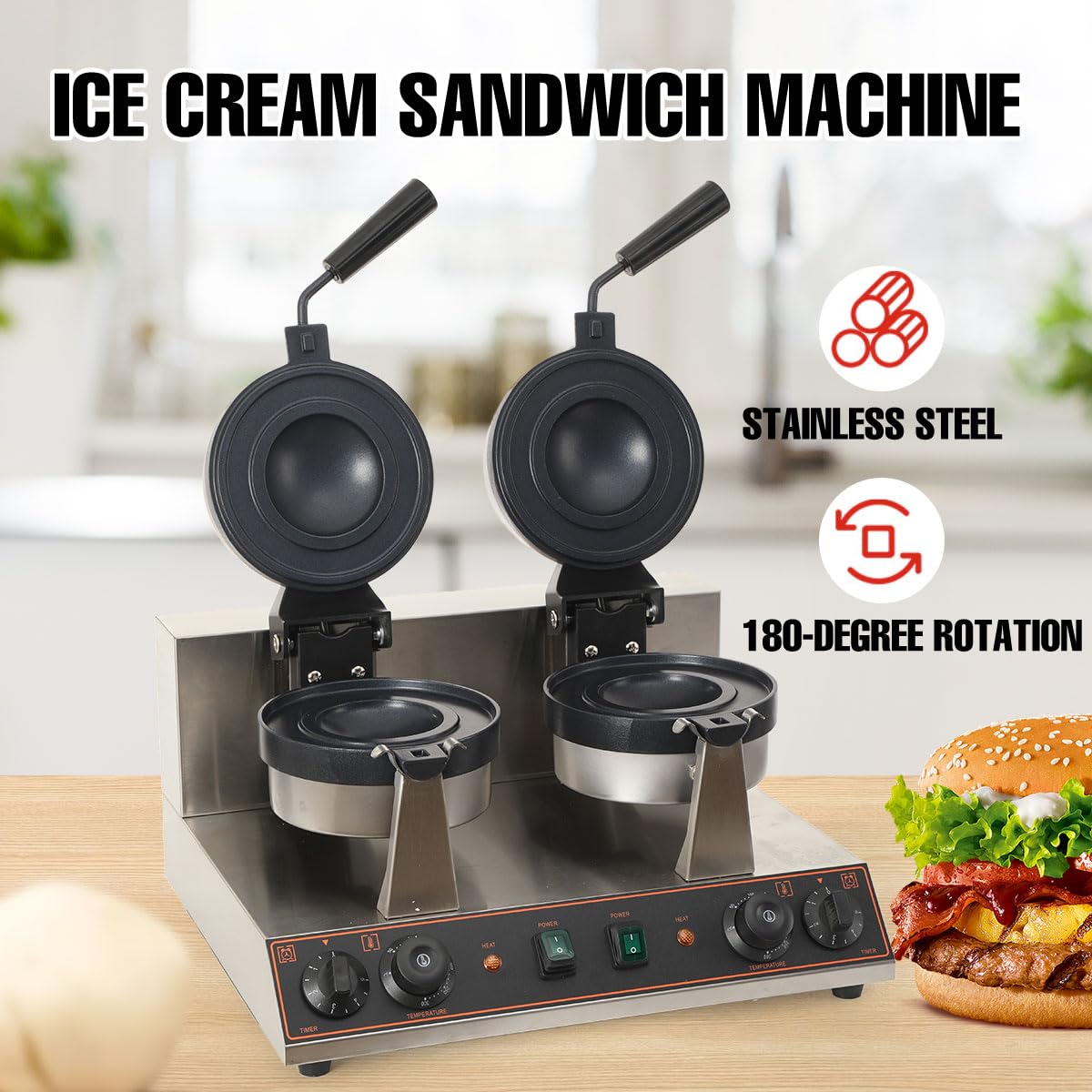 Elektrische UFO-Burger-Presse, 2600W Kommerzielle Doppelkopf-Burger-Maker | Eiscreme-Burger-Maschine, Antihaft-Hitze-Presse-Maschine, schnelle Erwärmung, für Haus Snack-Bar usw
