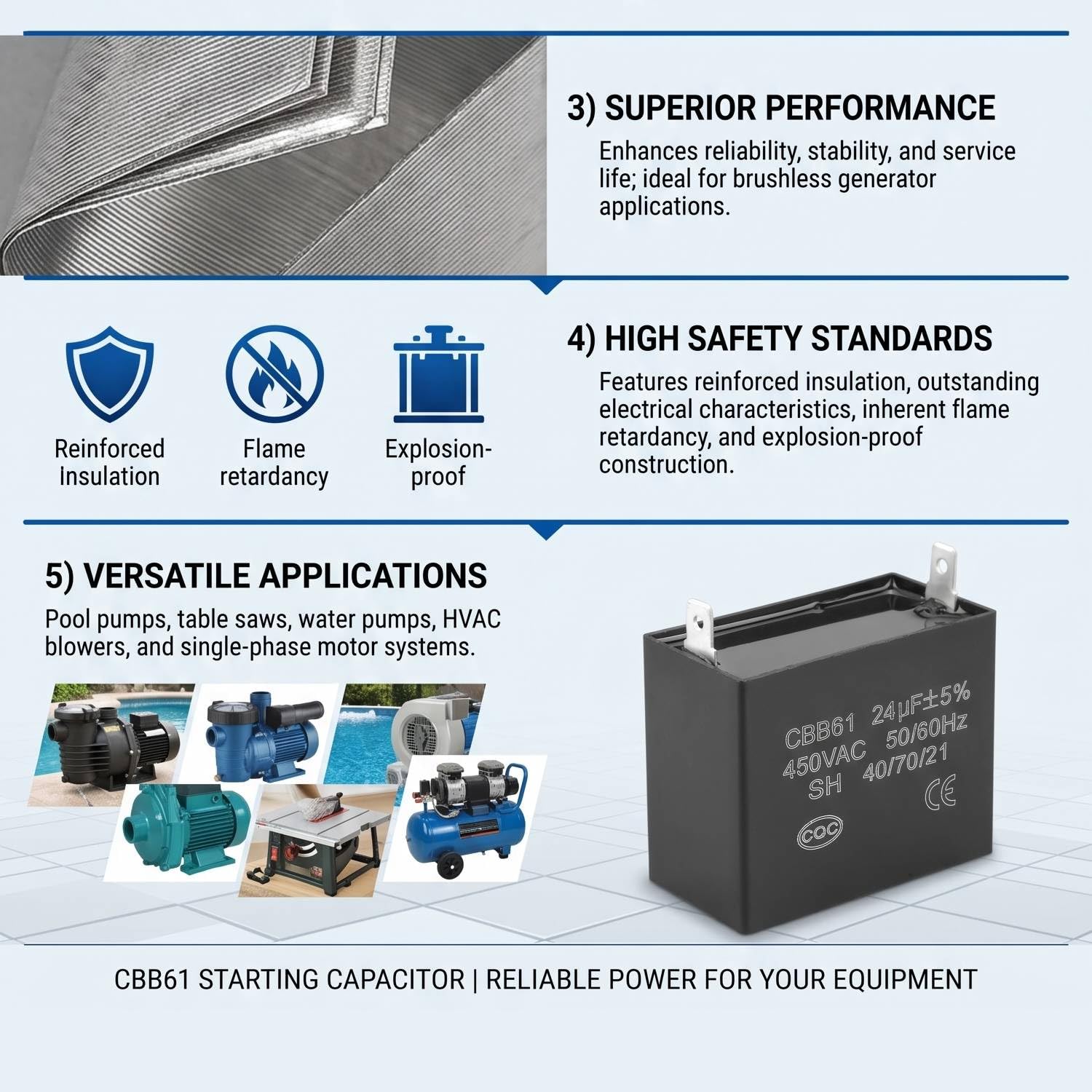 CBB61 Starting Capacitor Generator 450V AC 24uF 50/60Hz for 400/350/300/250VAC UL/RU Listed Starting Capacitor Run Capacitors