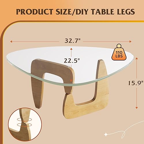 Miniatura 3 de WLIVE Mesa auxiliar, mesa de centro pequeña de cristal con patas de madera maciza, mesas triangulares de mediados de siglo de 32.7 pulgadas, mesa