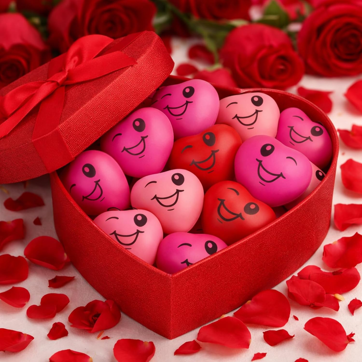 60 Pcs Valentine's Day Heart Stress Balls Bulk Mini 1.6" Smile Face Squeeze Foam Relief Heart Shaped Stress Ball for Valentine Galentine Party Gifts Bag Fillers Adults Carnival Reward, 3 Colors
