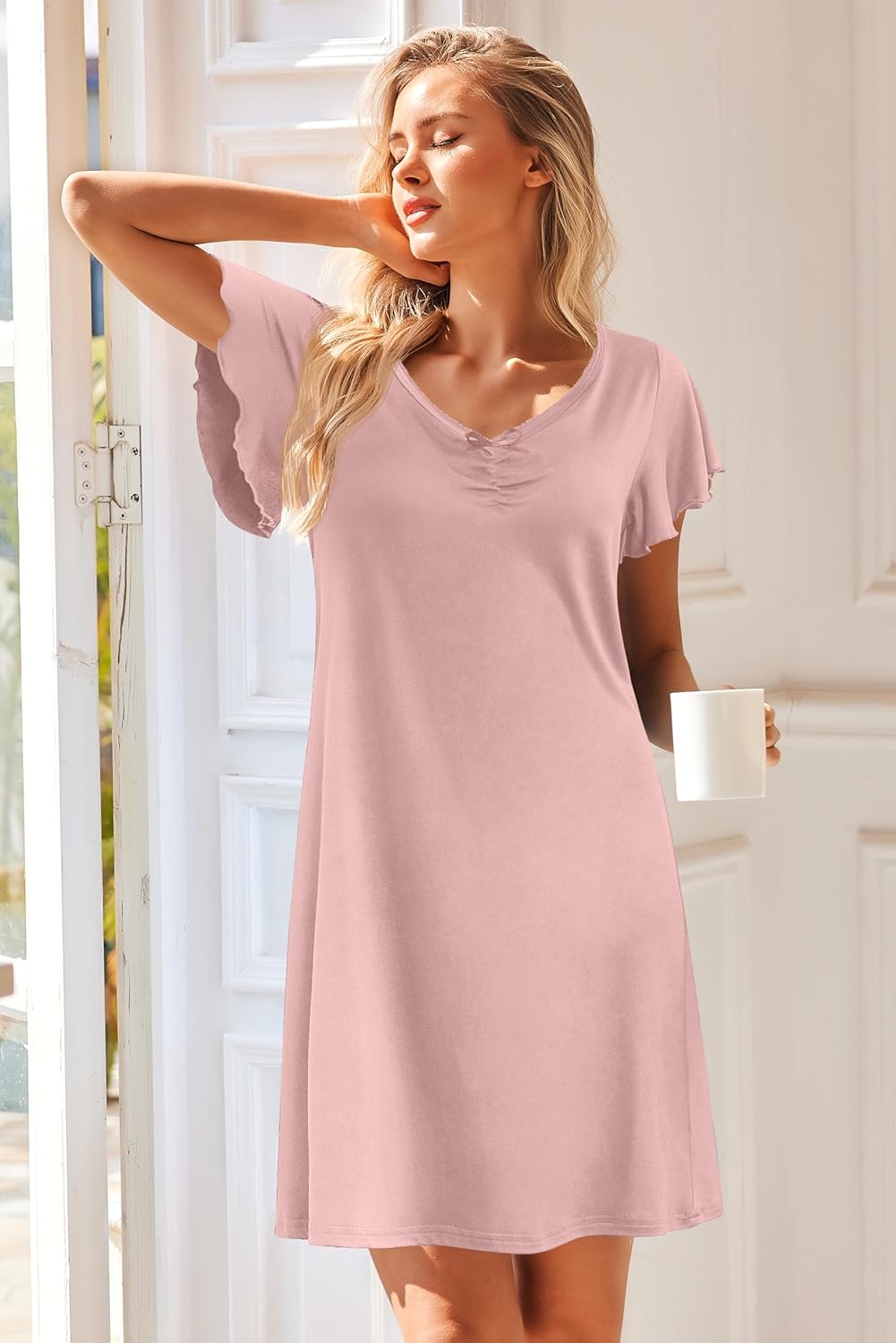 Ekouaer Nightgowns for Women Short Sleeve Night Gown Comfy Sleep Shirt Soft Sleep Dress Pleated Sleepwear - Image 3