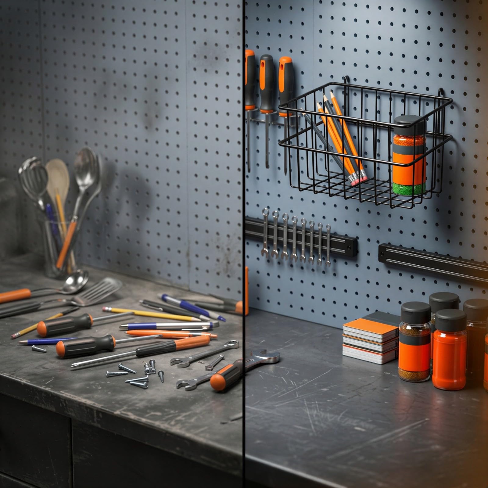 Metall-Hängekorb für Pegboard, 0,5 Zoll/1,27 cm Hakenabstand, offener Drahtkorb, 26 x 17,8 x 14,2 cm, Carbonstahl, wandmontiert, Aufbewahrungskorb für Küche, Bad, Garage und Werkstatt, schwarz
