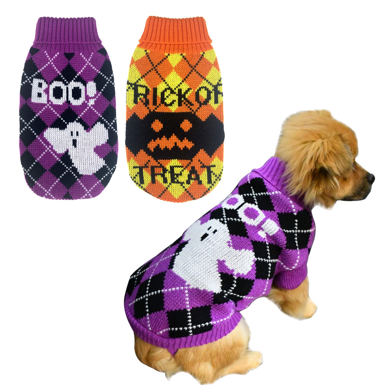 2Pcs Halloween Dog Sweater Kitten Knitwear Dog Clothes Orange Trick OR  Treat Purple Ghost Boo Pattern for Kitten Cat Puppy Dog L