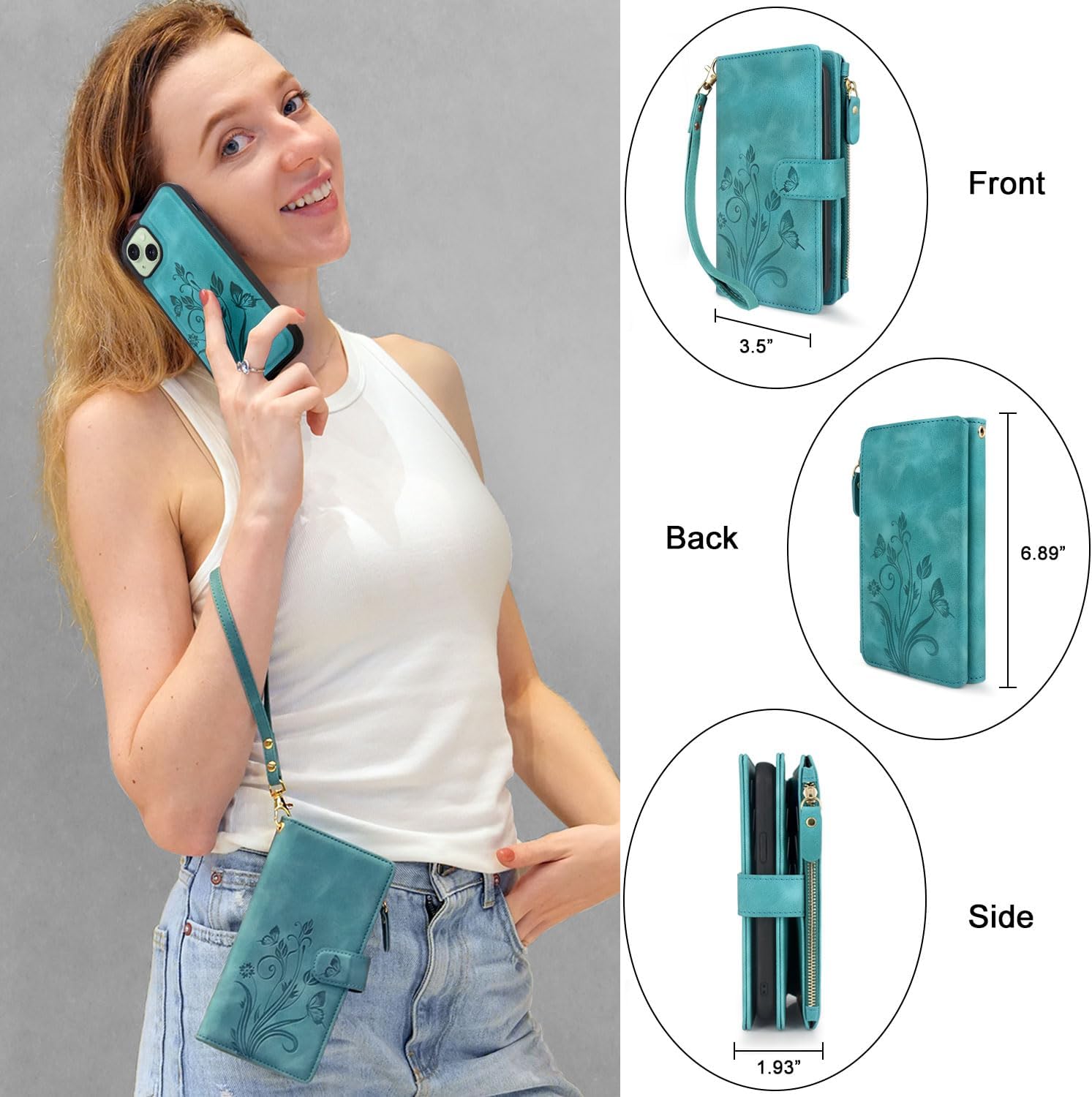 Lacass Case Compatible with iPhone 15 Plus /14 Plus, [ Card Slots] ID Credit Cash Holder Zipper Pocket Detachable Leather Cover with Wrist Strap Lanyard (Floral Blue Green) - Image 5