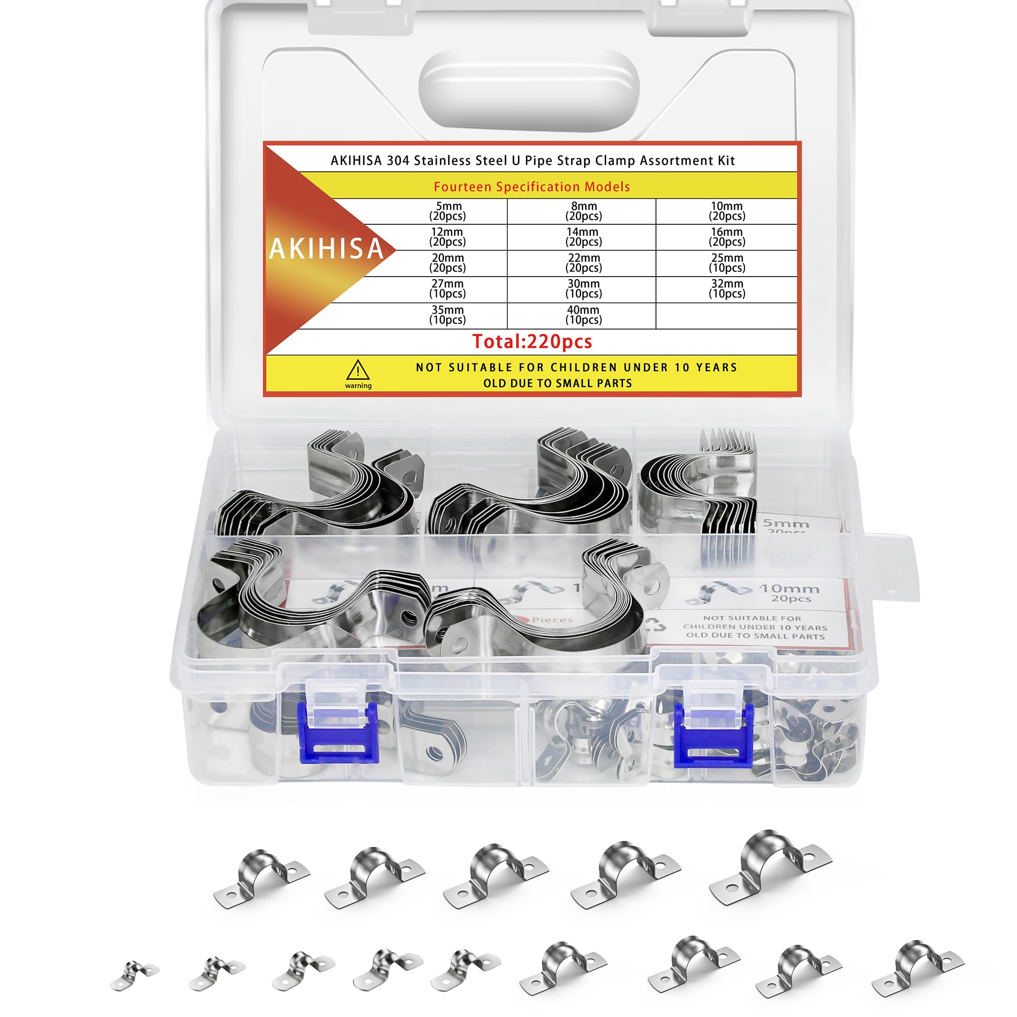 AKIHISA 220Pcs 14 Sizes Pipe Strap Clamp Assortment Kit, M5-M40 2 Holes U Tube Strap 304 Stainless Steel Clamps Set, Cable Clamp U Bracket Tube Strap Tension Clips for Pipe Tube Fixing
