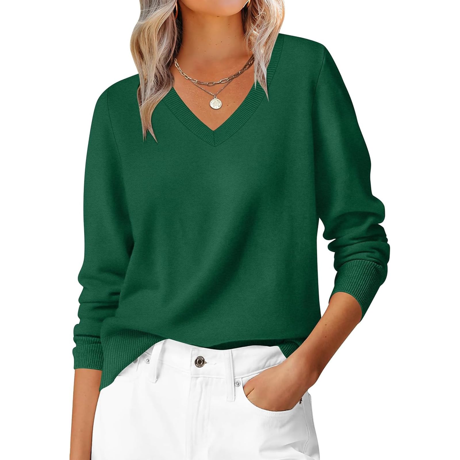 Cashmere V Neck Sweaters for Women Cozy Cotton Tunic Tops Basic Classic Fall Winter Clothes Casual Pullover Sweaters