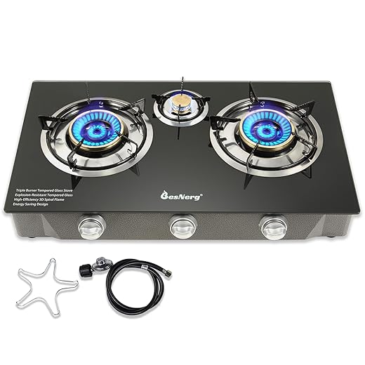 Propane Stove 3 Burner Gas Stove 32000 BTU Auto Ignition Tempered Glass LPG Cooktop with CSA Hose for Outdoor Cooking, Emergency