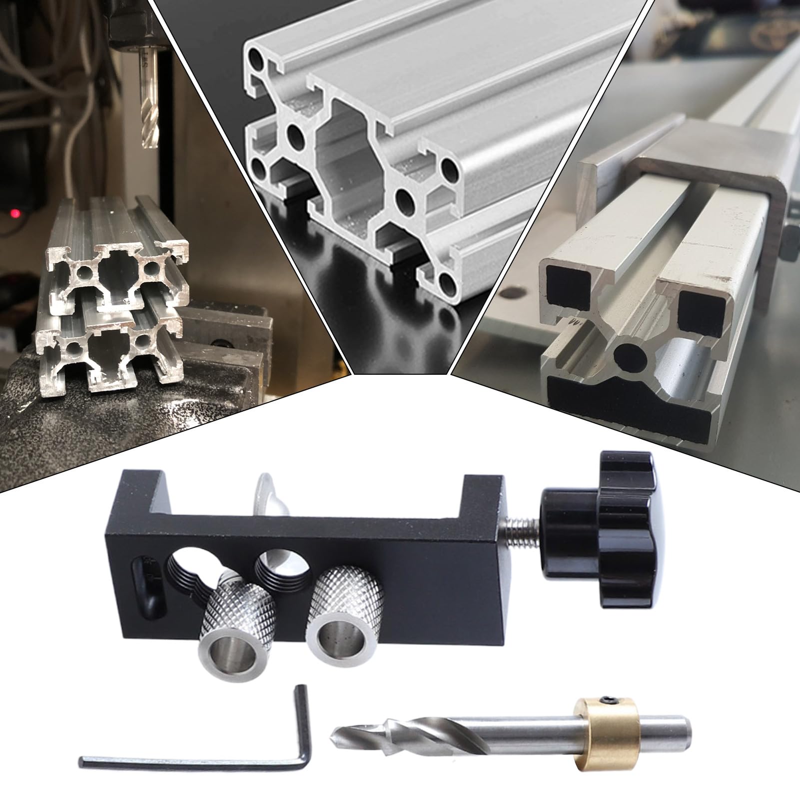 Aluminiowy przewodnik po wiertarce, narzędzie do pozycjonowania, 15 x 15 x 2,17 cm, precyzyjny lokalizator otworów, metalowe tuleje do dokładnego powtarzalnego wiercenia otworów, 2020 2040 3030 3060