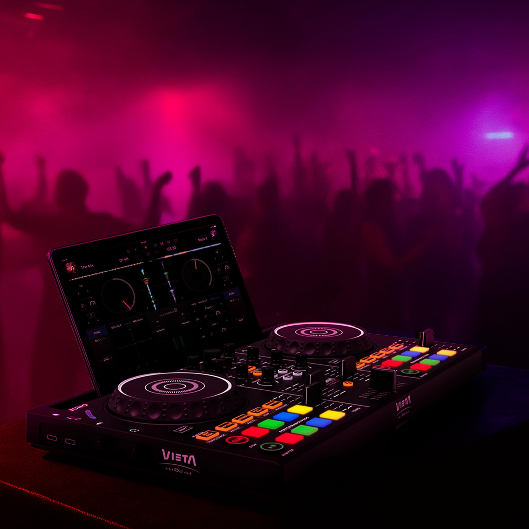VIETA PRO Mixer DJ Bluetooth professionale con scheda audio integrata. Controller DJ Con Luci Integrate RGB, Mixer DJ Controller e Interfaccia Audio. Mixer DJ Juno