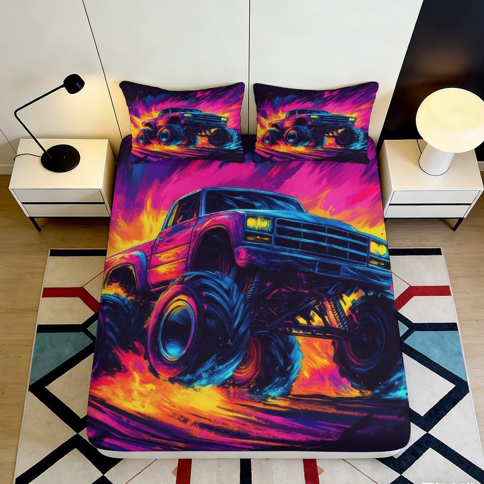 3D Printed Neon Monster Truck Fitted Sheet Microfiber Soft Breathable Graffiti Bed Cover for Bedroom Dorm Decor 90x200x25cm