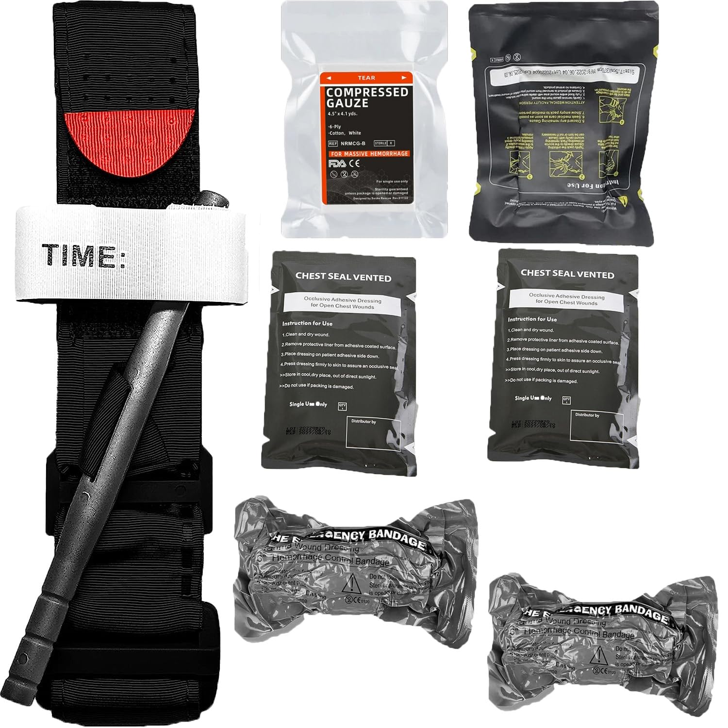 Bleeding Control Pack Trauma Kit, Includes 1 Pack Tourniquet,2 Pack Israeli Bandage, 2 Pack Chest Seals, 2 Pack Gauze for Severe Bleeding Control, Military Camping and Hiking