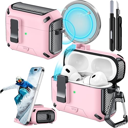 Miniatura 31 de Funda para AirPods 4 (2024) con soporte para teléfono, con interruptor automático a presión, diseño de fibra de carbono, cubierta de protección para