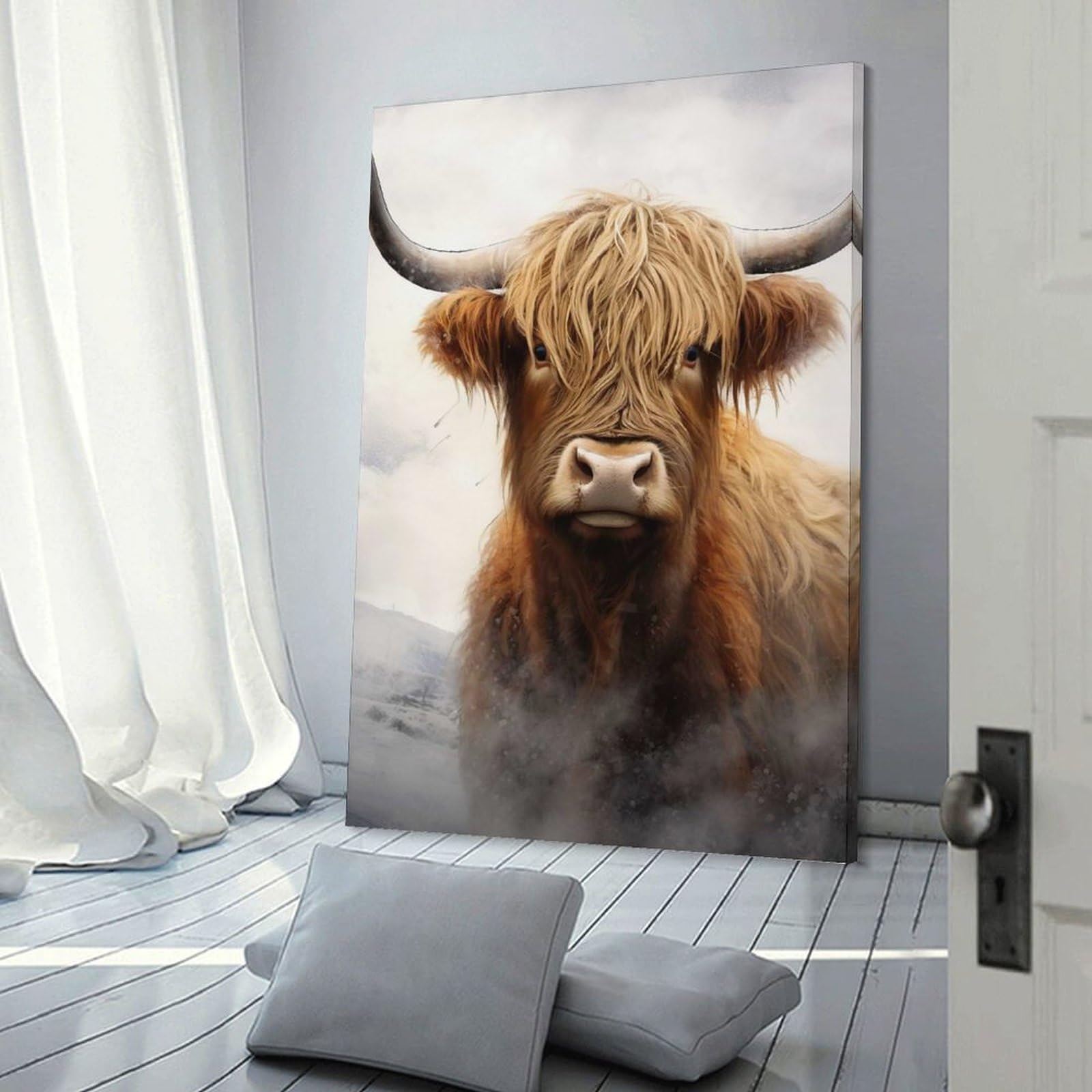 Junmoney Frame-Style-13 Canvas Art Print Highland Cow Fluffy Cow, 12X18inch(30X45cm), For Contemporary Homes, Apartments Or Offices, Decorative Canvas Decor For Home Updates