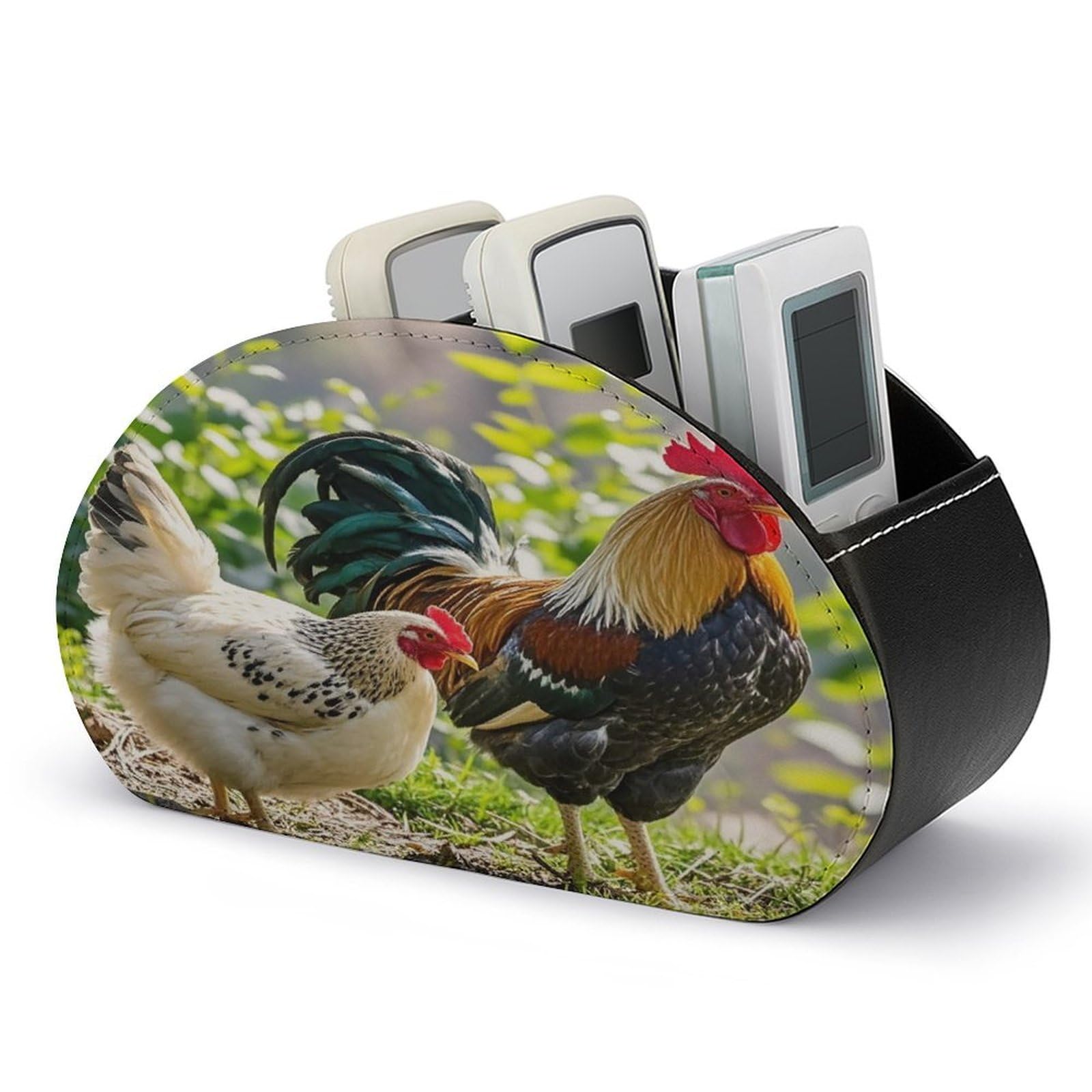 FekiLoot Rooster And Hen Remote Control Holder with 5 Compartments Multi-functional TV Remote Caddy Organizer Leather TV Remote Holder Desktop Organizer Store for Bedside Table Office Desk