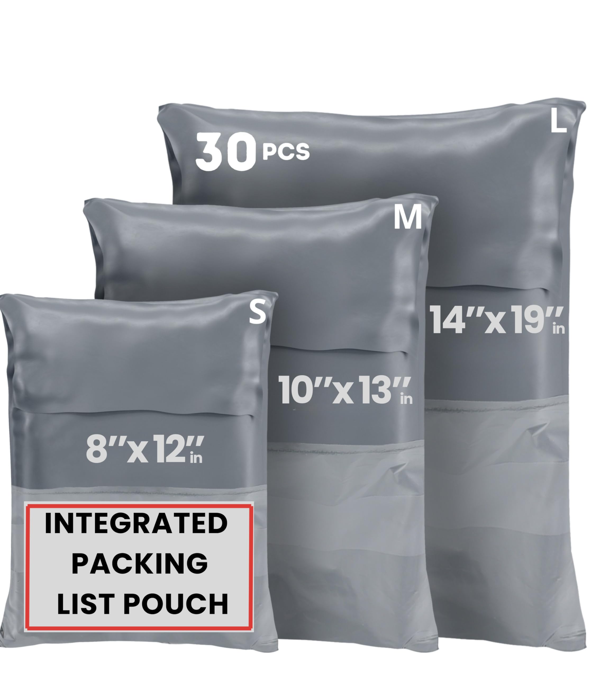 Poly Mailers Shipping Bags (30 Pack) — Self-Seal Plastic Mailing Envelopes  3 Sizes incl. 8x12  poly mailers 10x13 & 14x19 — Tear & Water-Resistant Plastic Shipping Bags for Clothing Not Padded  Grey