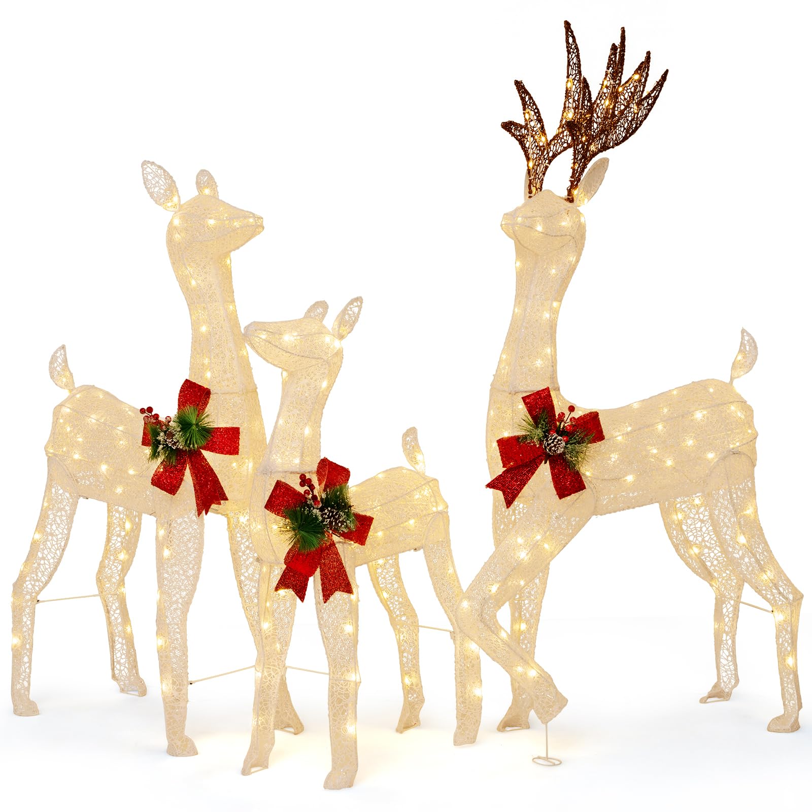 Tangkula 3 Pieces Lighted Christmas Reindeer Family, Xmas Lighted Deer Decoration with 230 Warm White LED Lights, Indoor & Outdoor Decoration with Stakes for Yard Patio Lawn Garden Party