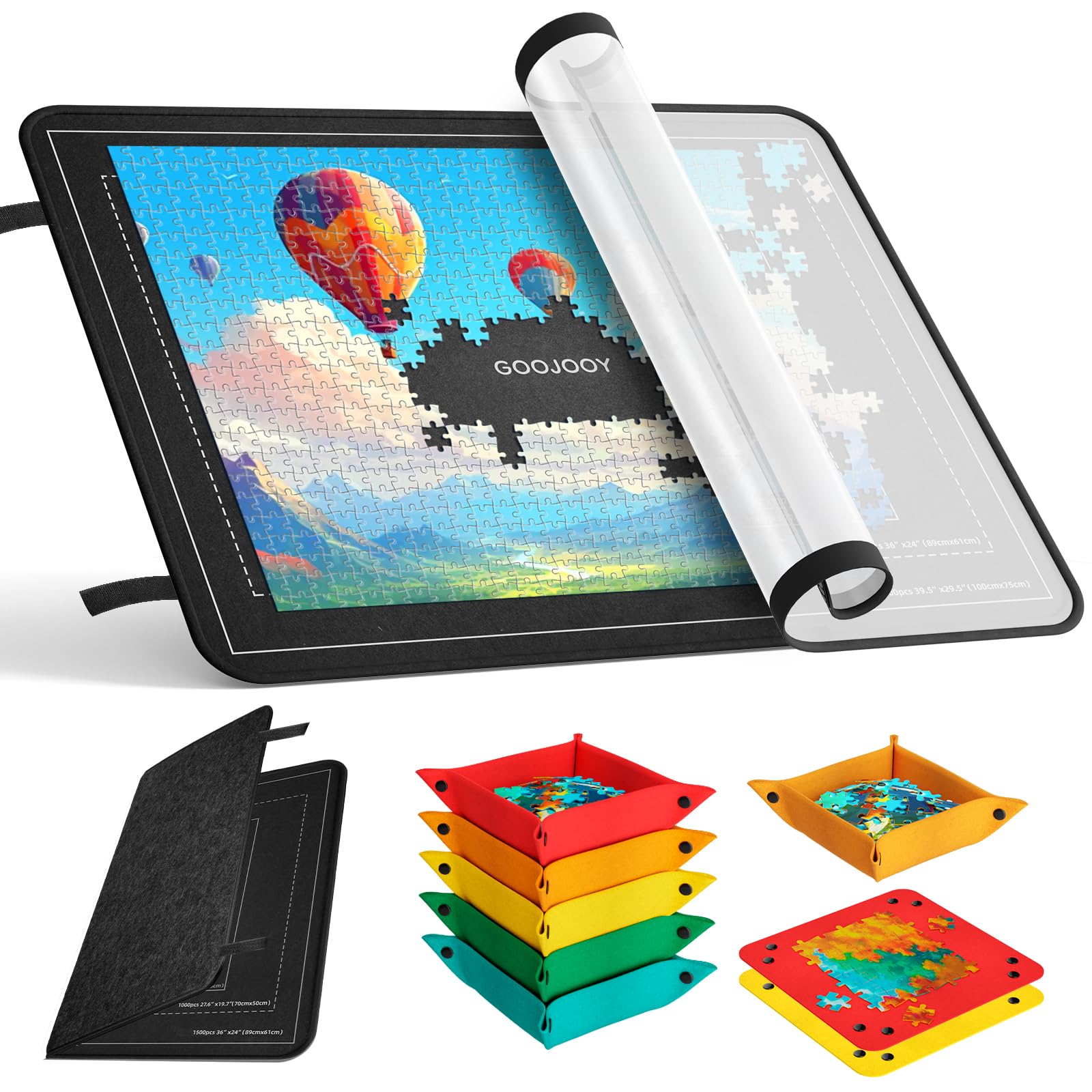 Plateau Puzzle 1500 Pièces avec 8 Plateaux de Tri Colorés et Couvercle Anti-Poussière, 95x65 cm Planche Puzzle, Table Puzzles Pliable en Feutre, Surface Antidérapant pour Amateurs de Puzzles