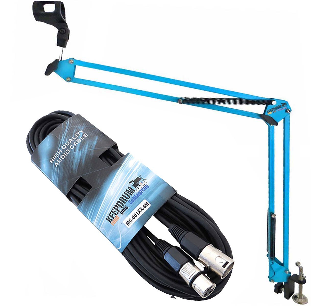 keepdrum NB35 BL niebieski statyw do mikrofonu + 6 m XLR kabel mikrofonowy