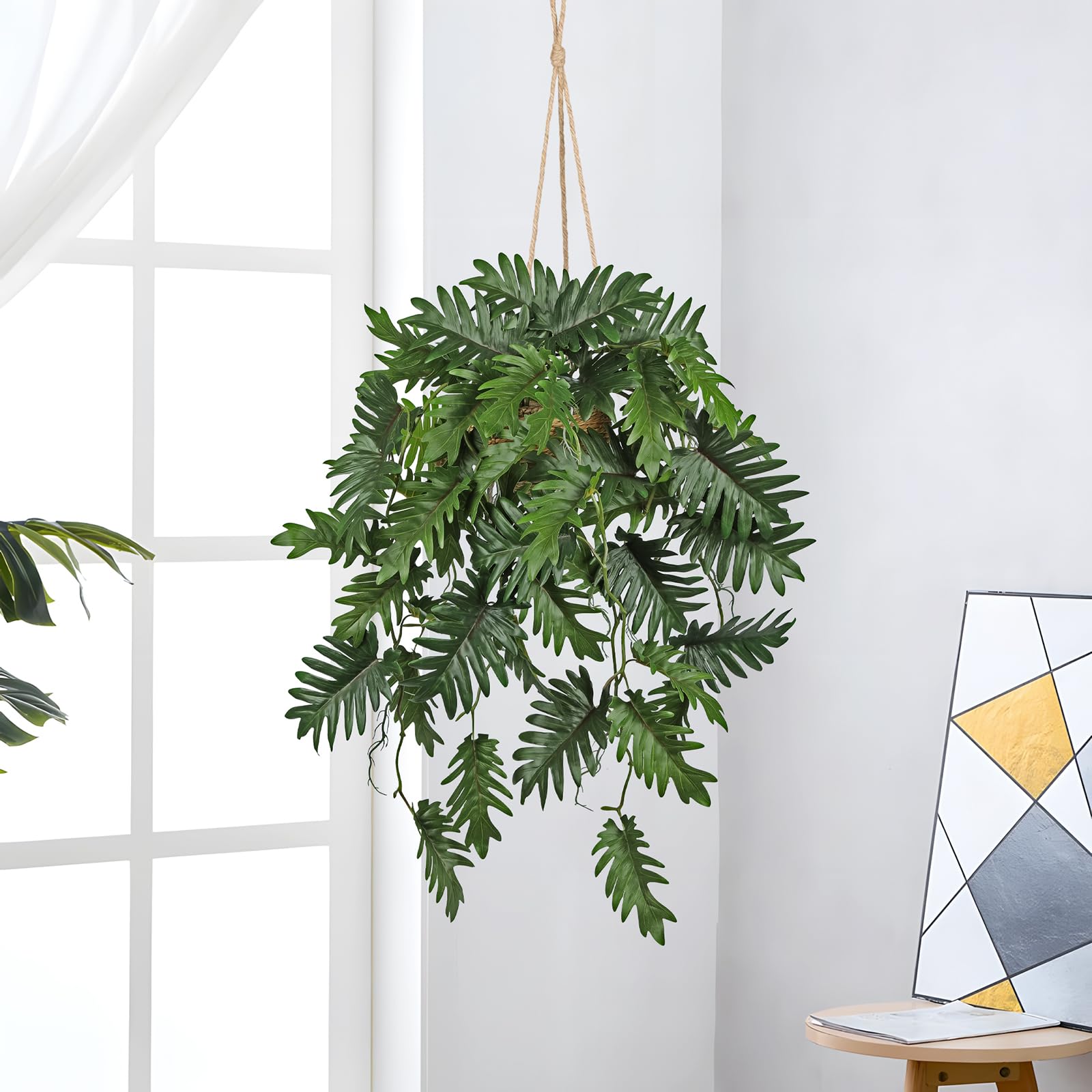 Künstliche Hängepflanzen im Topf Kunstpflanze Hängend Künstliche Pflanzen | 70 CM Philodendron Grün Dschungel Tropisch Deko für Wohnzimmer Schlafzimmer Badezimmer Esszimmer Küche Büro Hotel