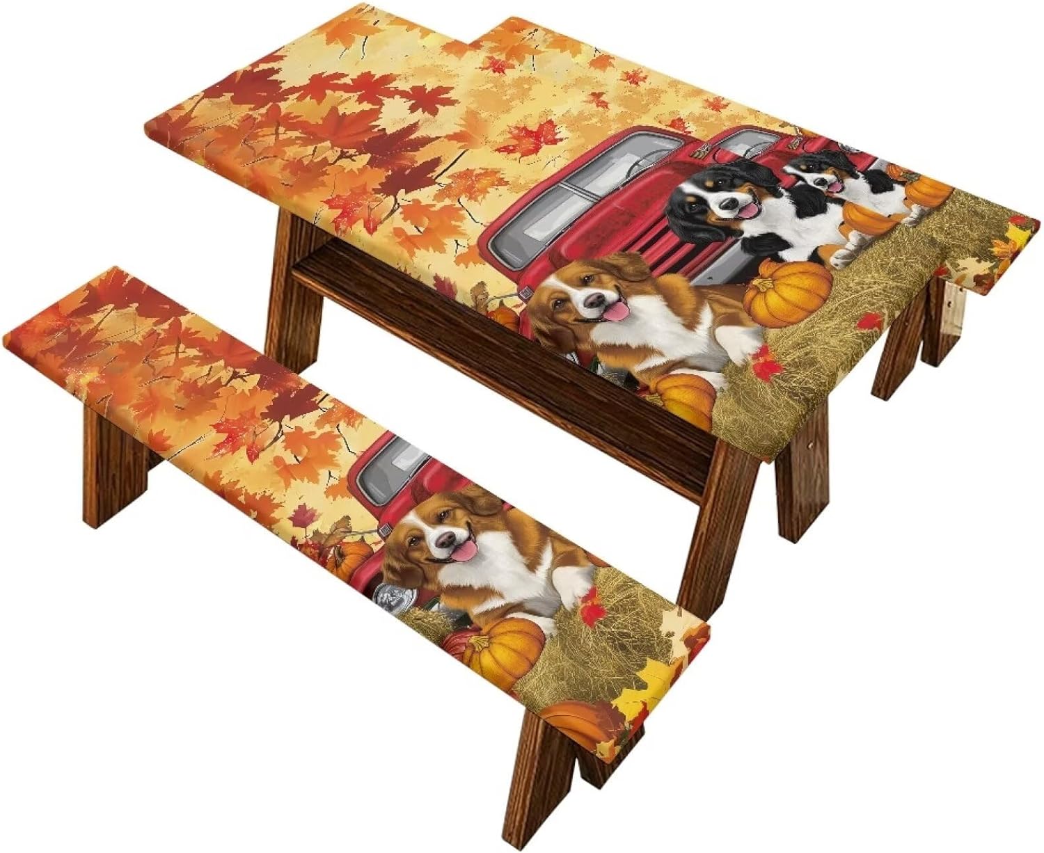 Maple Dog Pumpkin Outdoor Picnic Table Cover Thanksgiving 3 PCS Set Fitted Picnic Table Cover for Outdoor Camping