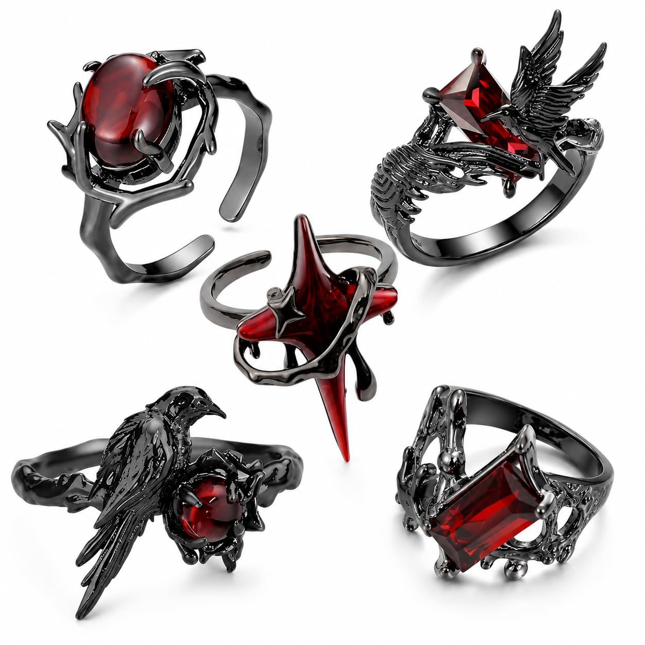 5 Pcs Ring Set Gothic Rings, Dark Aesthetic Jewelry with Black Crow and Thorn Designs, Punk Statement Ring for Men and Women, Halloween Party Accessories-image-36