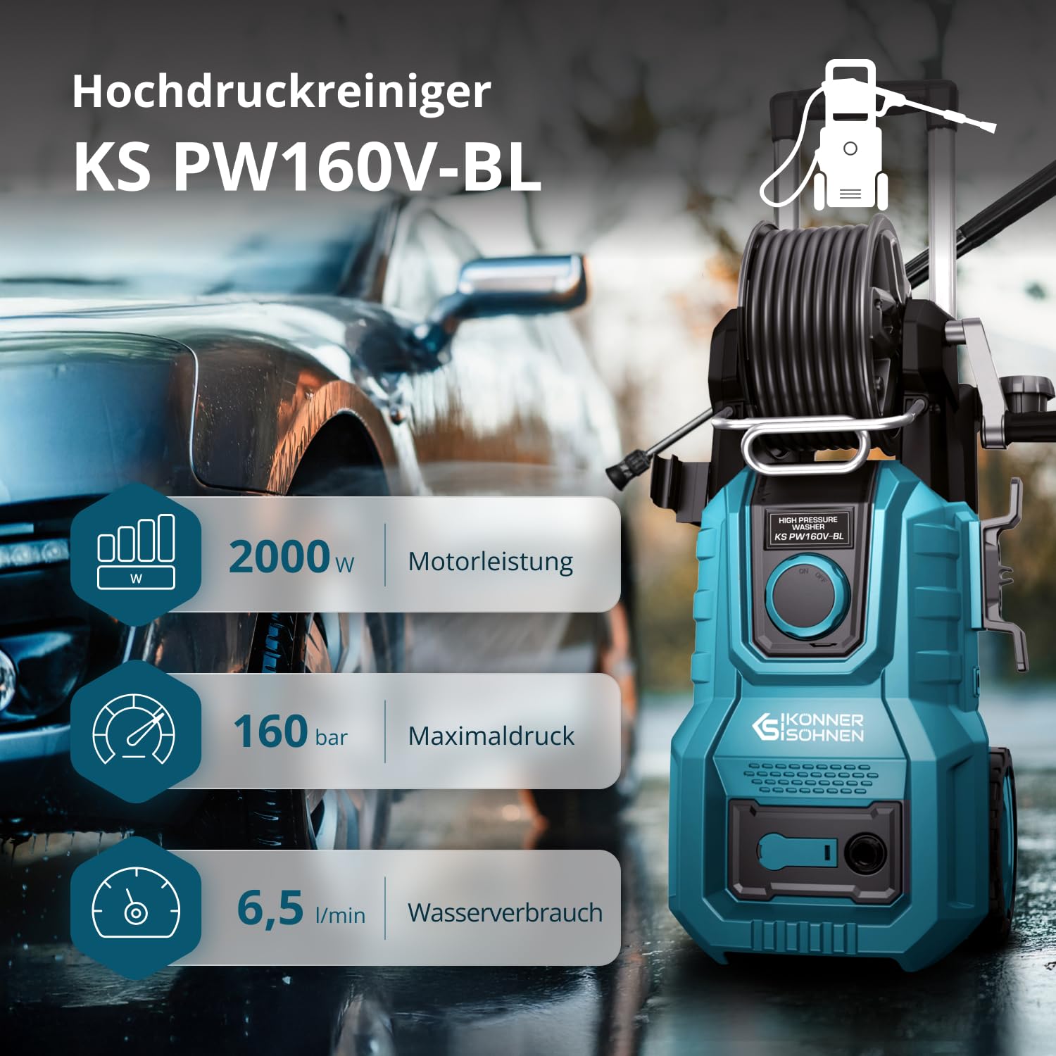 Könner & Söhnen KS PW160V-BL Hochdruckreiniger 2000 W, 160 bar, mit bürstenlosem Induktionsmotor, Teleskopgriff, Metalllanze und 8-m-verstärktem Hochdruckschlauch, mobiler Flächenreiniger 390 l/h