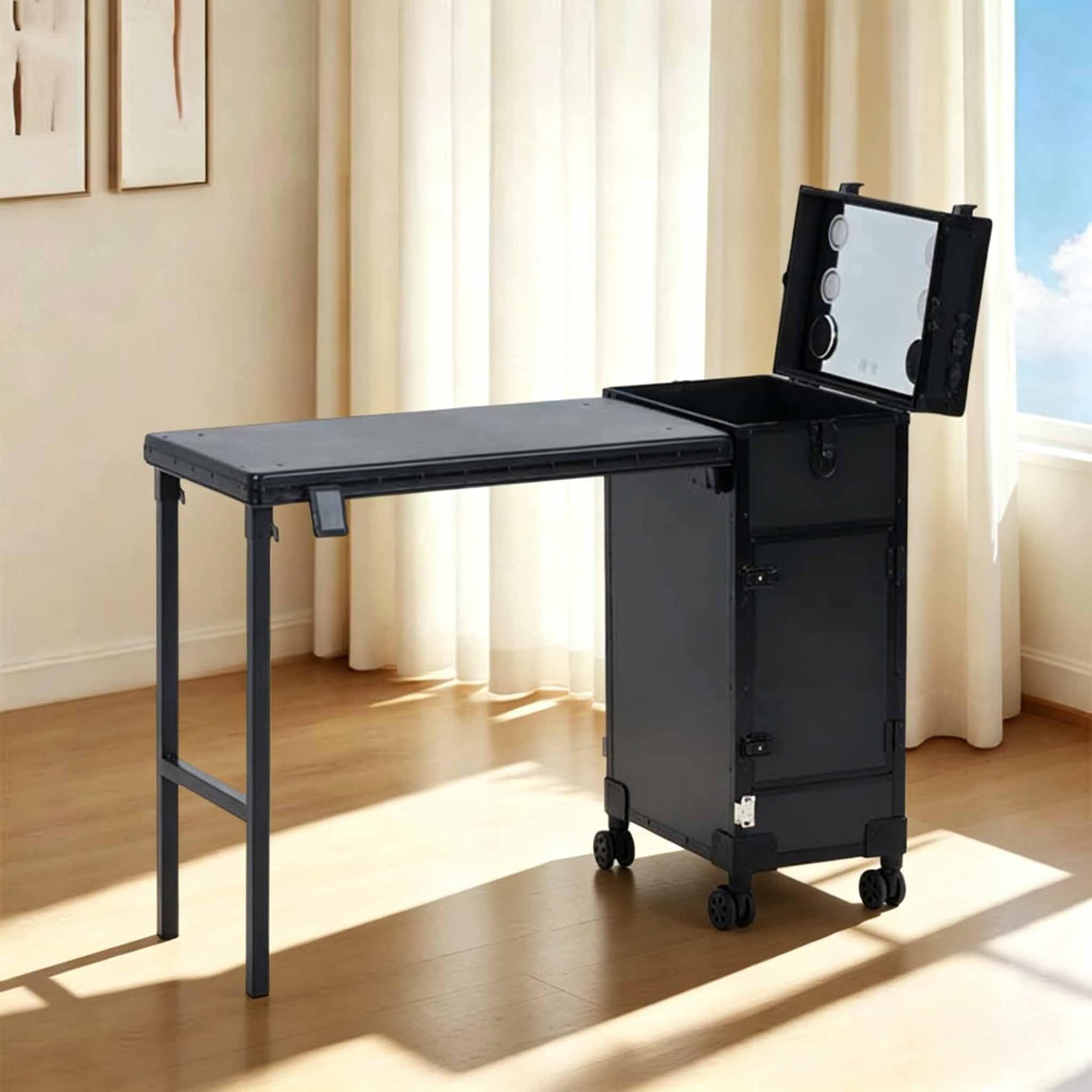 Postazione di lavoro mobile per tavolo pieghevole per unghie, custodia per trucco arrotolabile, organizer per smalto per unghie, carrello cosmetico a specchio LED dimmerabile per manicure