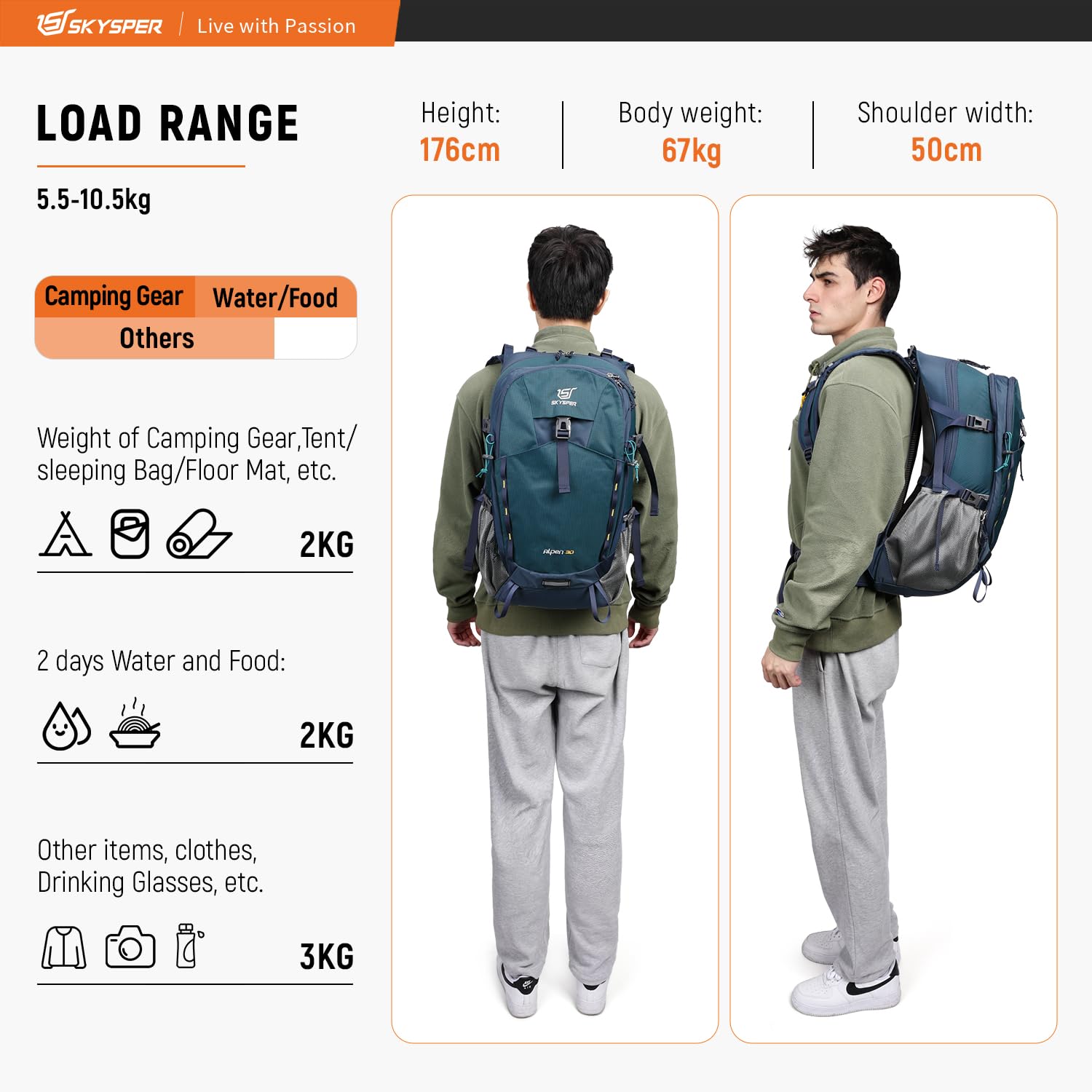 SKYSPER Mochila de Senderismo 30L Mochila de Trekking | con cubierta impermeable, Espalda de Malla excursiones de un día con Cinturón de Cadera para Mochila al Aire Libre