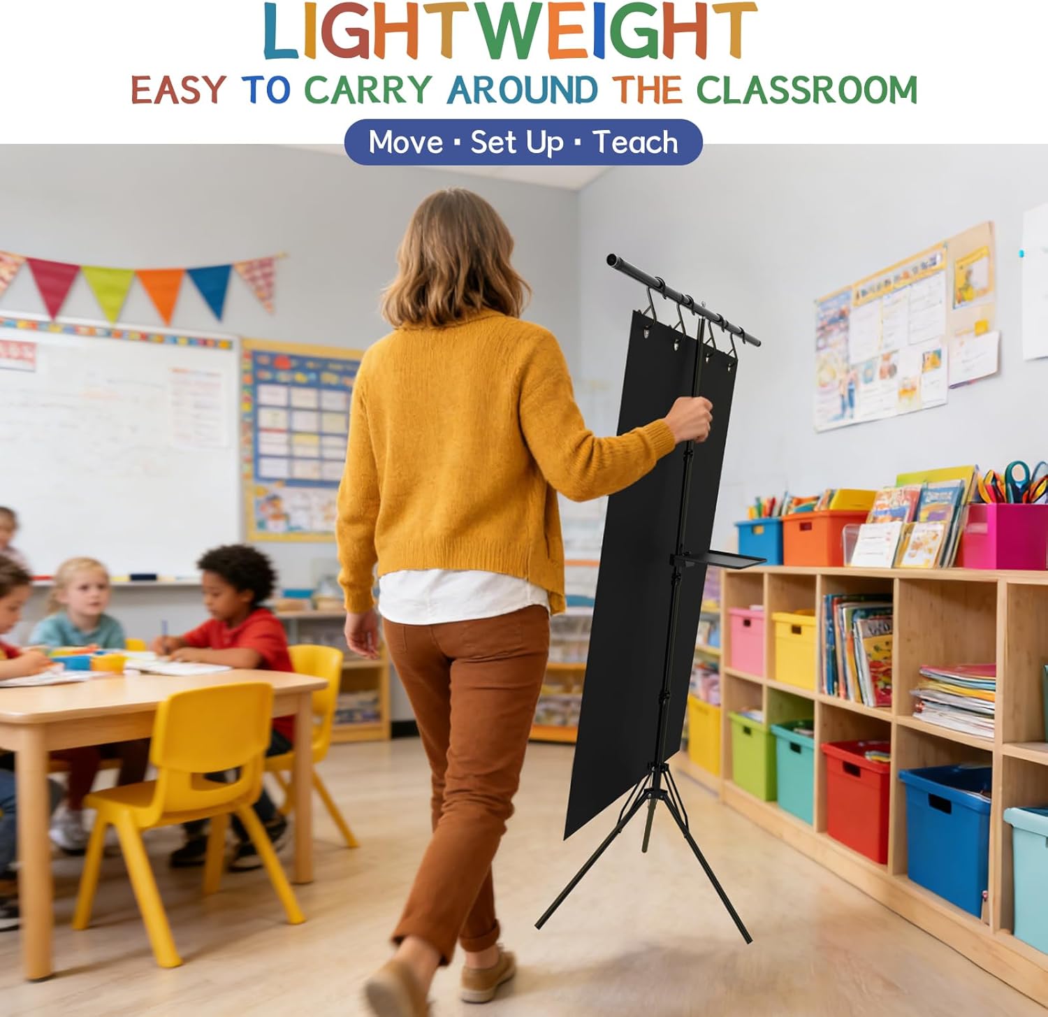 Pocket Chart Stand with Standard Pocket Chart, Height Adjustable Tripod Anchor Holder up to 62.99", 4 Anti-Drop S-Hooks, Teacher Supply Tray for Classroom & Homeschool