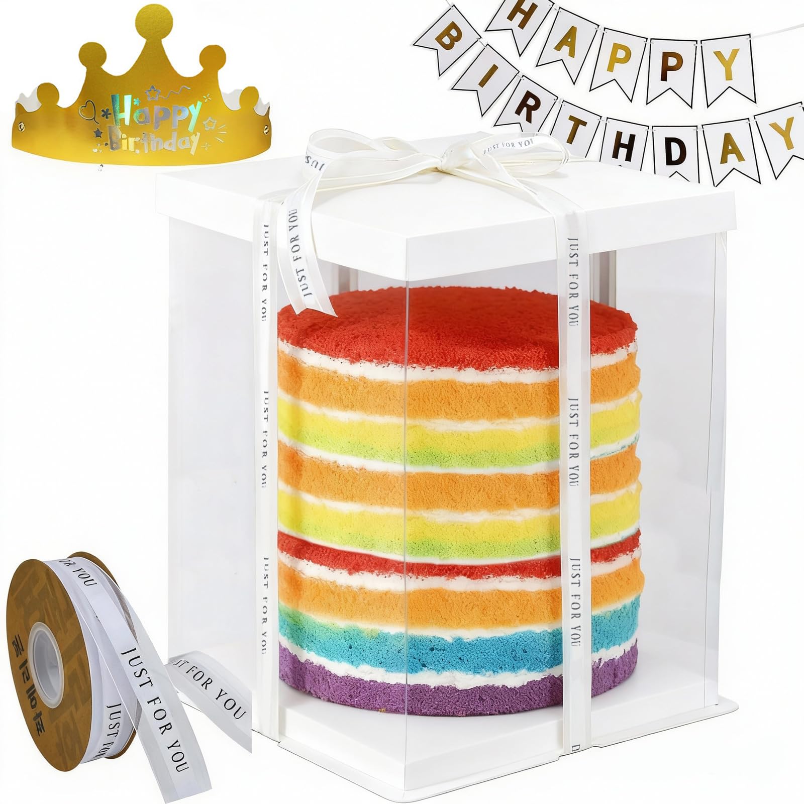 Scatola trasparente per torte da 25,4 cm, 30 x 30 x 40 cm, scatola regalo trasparente per torte con coperchio, bandiera per feste di compleanno, cappello di compleanno, contenitori in plastica per