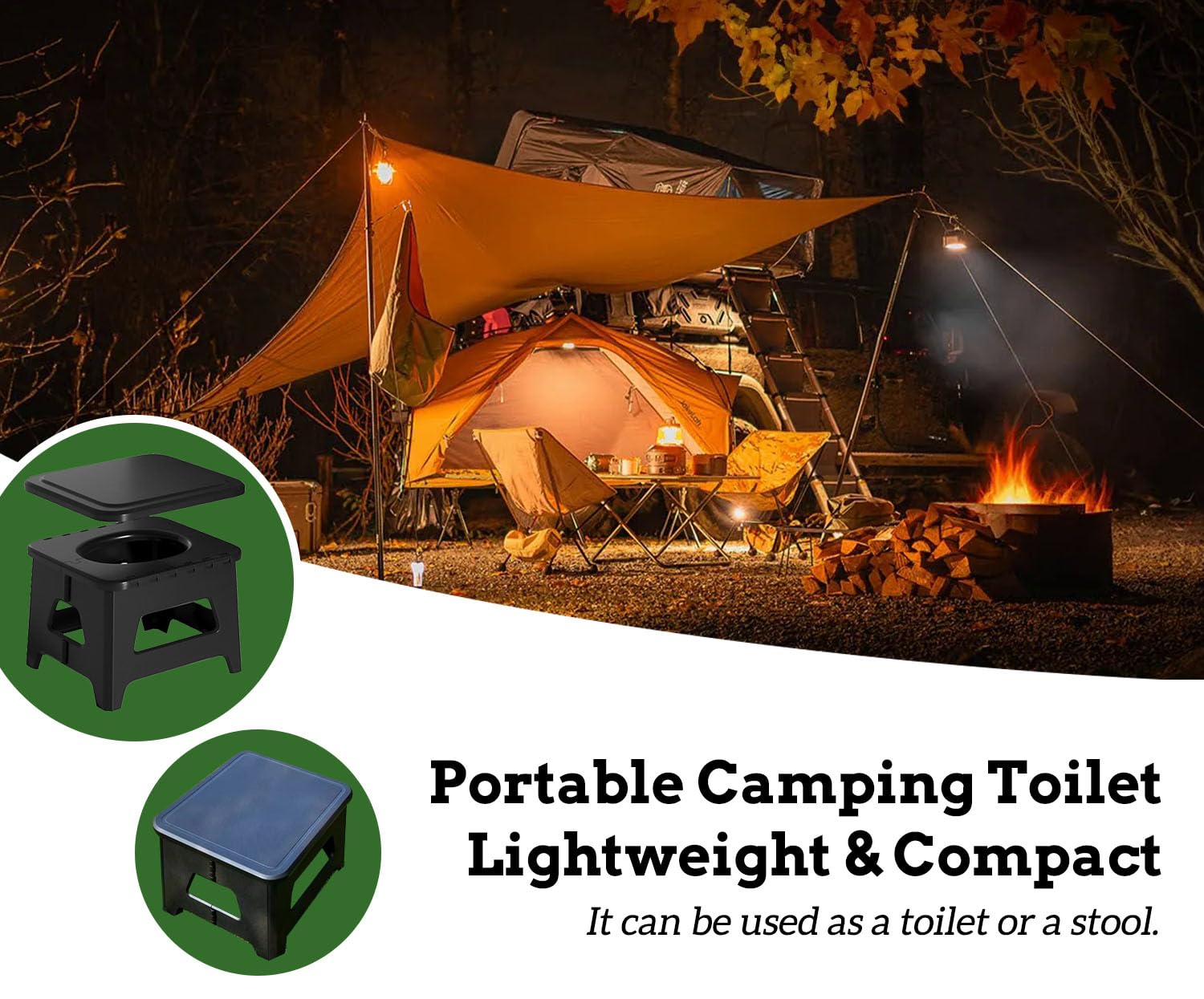 Tragbarer Camping-Toilettenstuhl, fest, faltbar, Notfall-Toilette mit Deckel, Klapphocker für Reisen, Wildangeln, Staus (schwarz, groß)