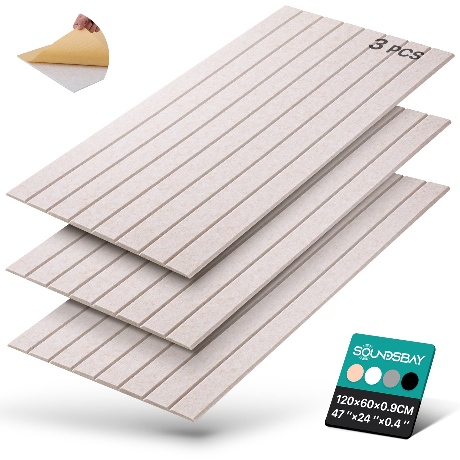 Paneles Acústicos Autoadhesivos Soundsbay de 2,16 m² (3 Unidades), 120×60×0,9 cm Paneles Acústicos de Pared para Tratamiento Acústico y Decoración de Paredes (Beige Claro)
