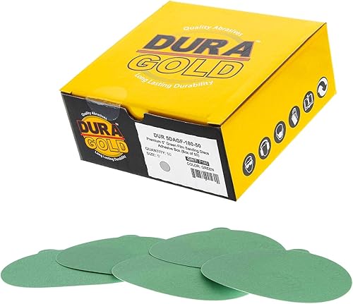 Dura-Gold Discos de lija PSA de película verde de 5 pulgadas, grano 180 (caja de 50), discos de papel de lija autoadhesivos con parte trasera de