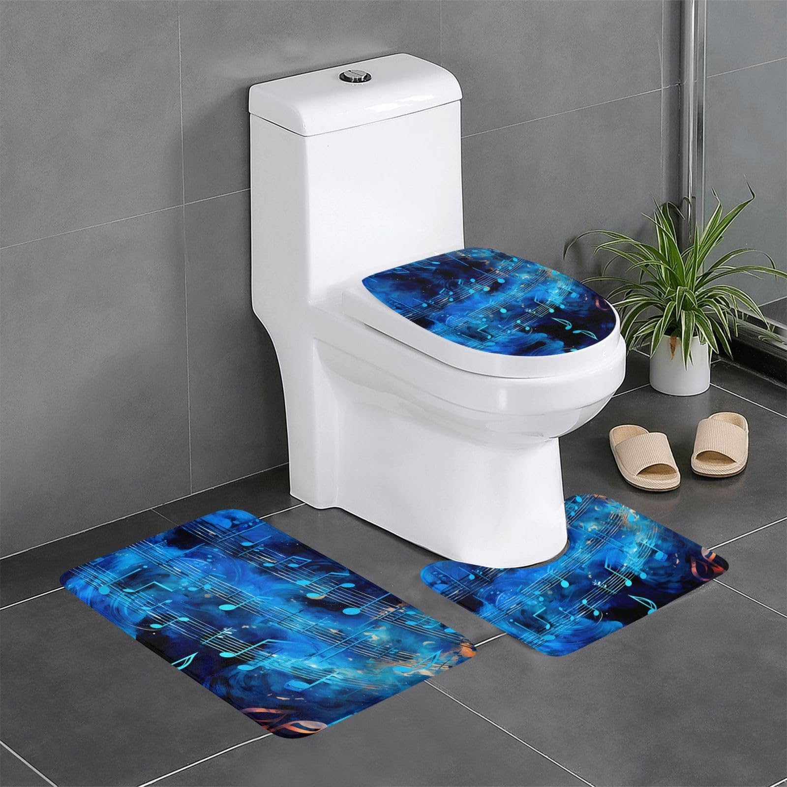 Tapis de salle de bain antidérapants 61x40.6cm motif musique bleu ensemble de 3 pièces WC