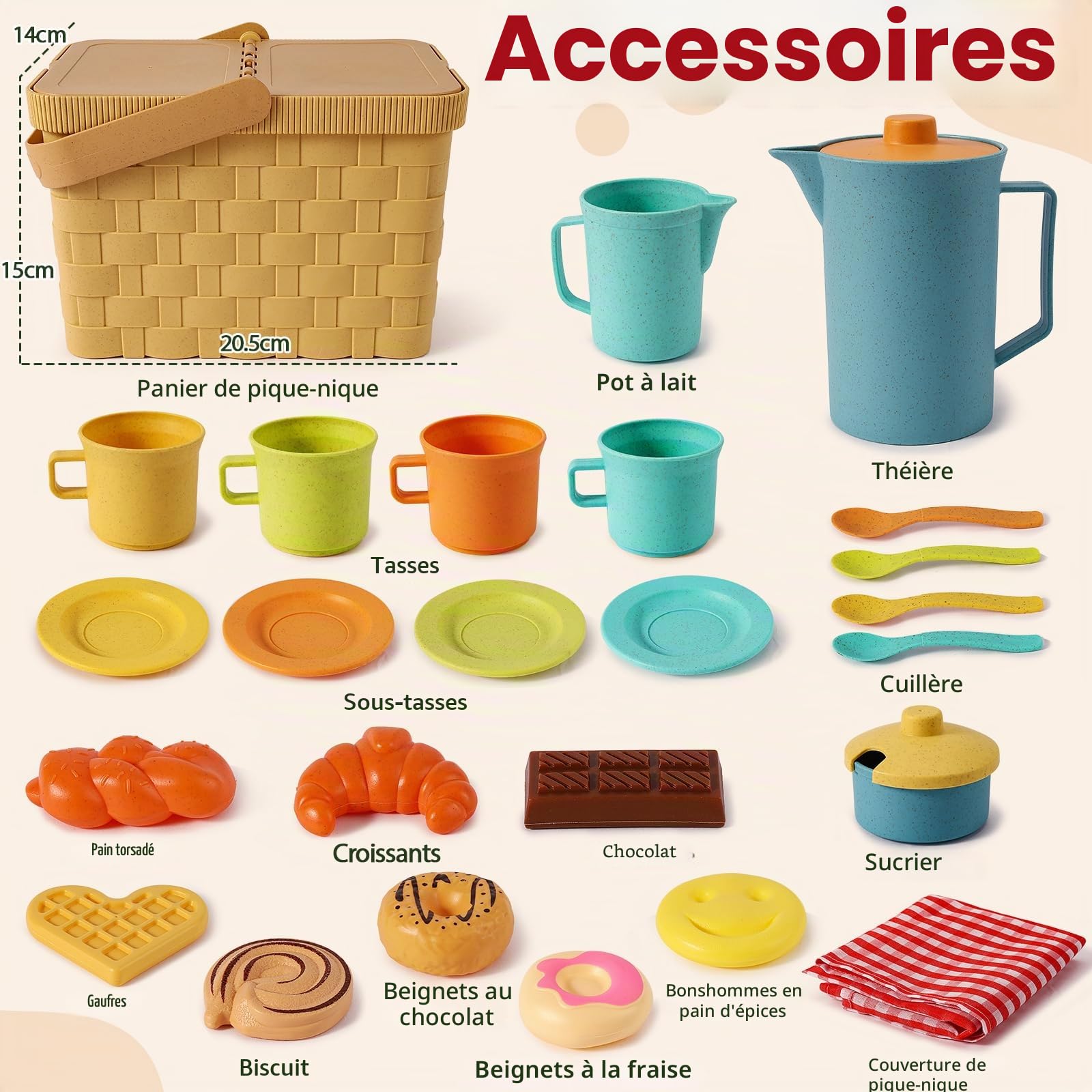 HERSITY Jouet Pique Nique Enfant Service à Thé, Dinette Cuisine Bebe avec Dessert Couverts et Couverture Pique-Nique, Jeux de Rôle pour Fille 3 4 5 Ans